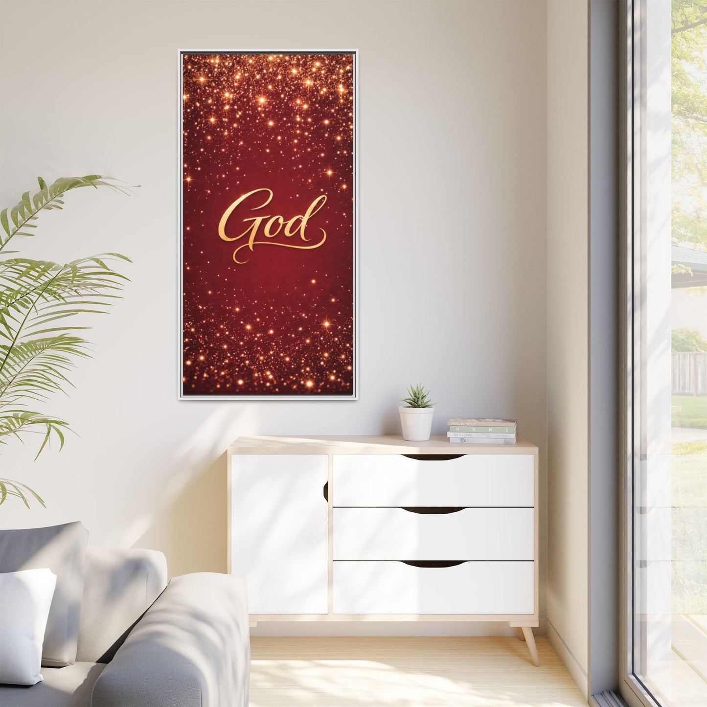 Framed Canvas Wall Art - "God" Gold Script on Red Sparkle Background