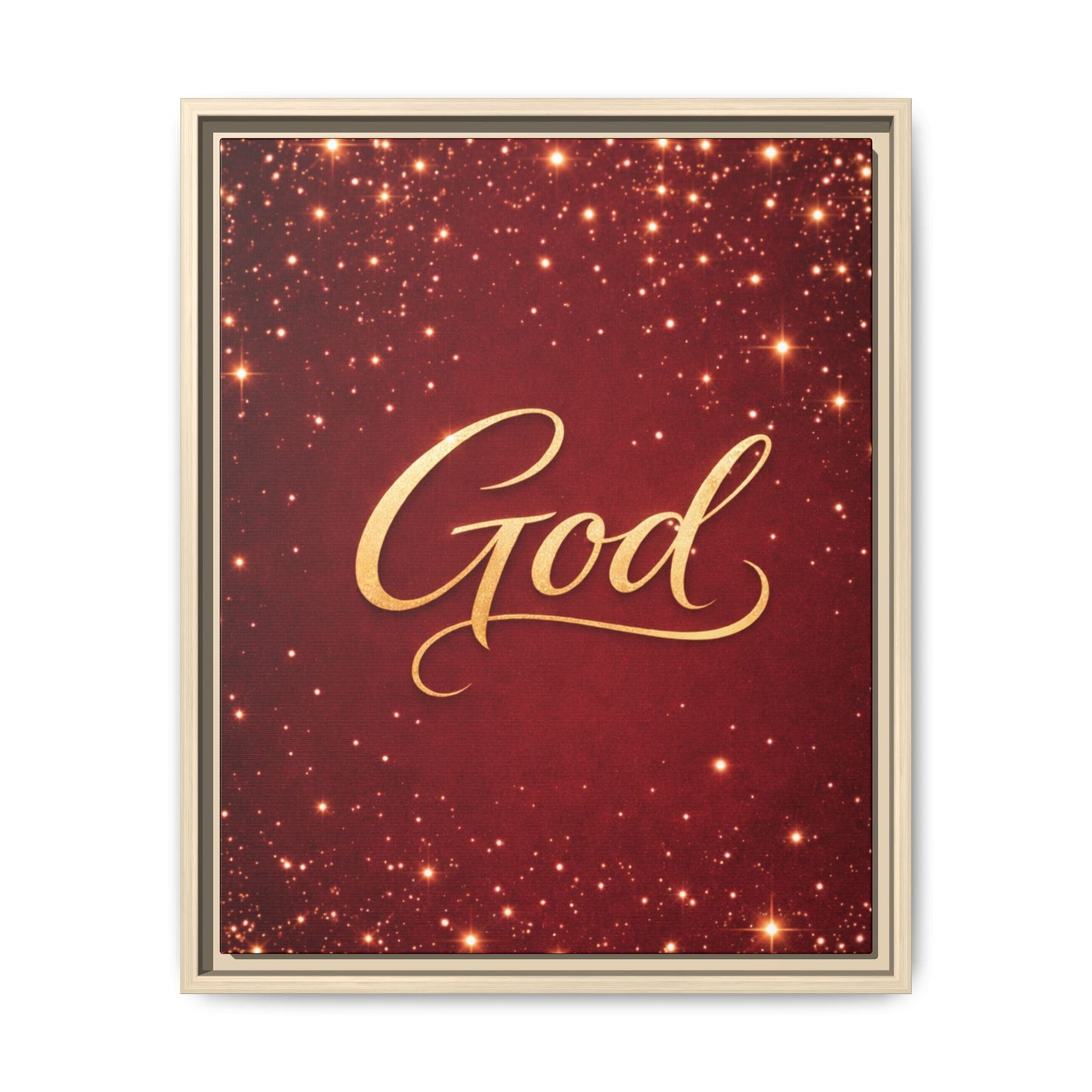 Framed Canvas Wall Art - "God" Gold Script on Red Sparkle Background
