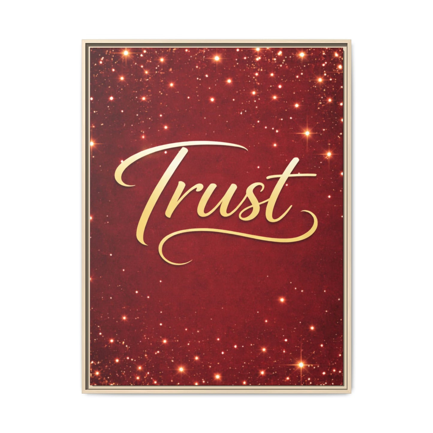Trust Framed Canvas Wall Art — Gold Script on Sparkling Red Matte