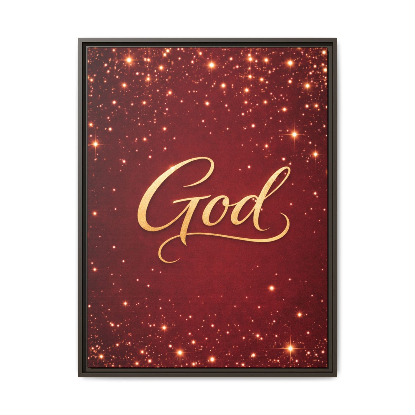 Framed Canvas Wall Art - "God" Gold Script on Red Sparkle Background