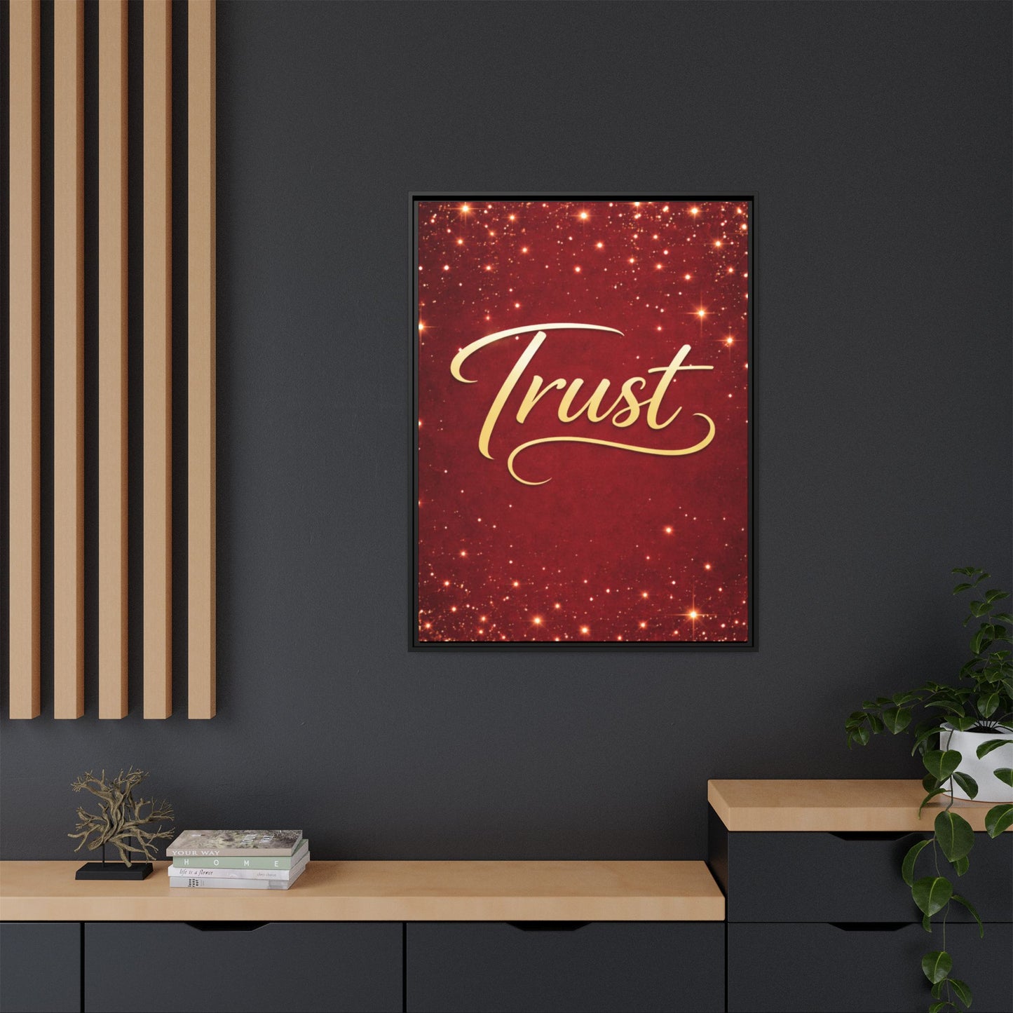 Trust Framed Canvas Wall Art — Gold Script on Sparkling Red Matte
