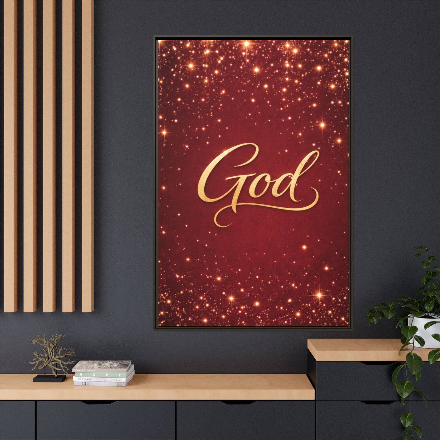 Framed Canvas Wall Art - "God" Gold Script on Red Sparkle Background