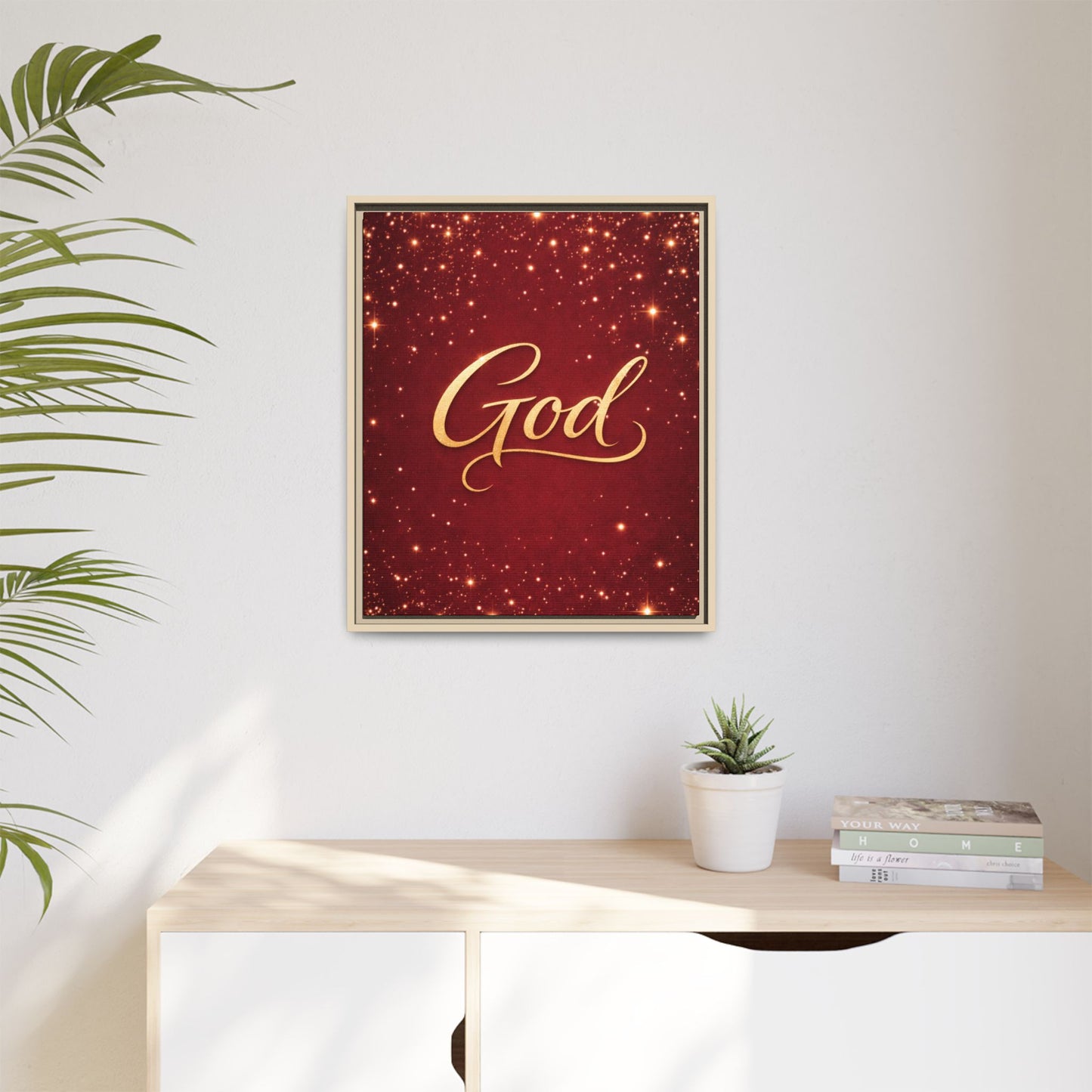 Framed Canvas Wall Art - "God" Gold Script on Red Sparkle Background