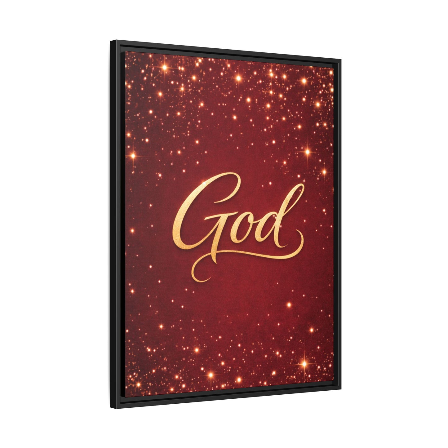 Framed Canvas Wall Art - "God" Gold Script on Red Sparkle Background