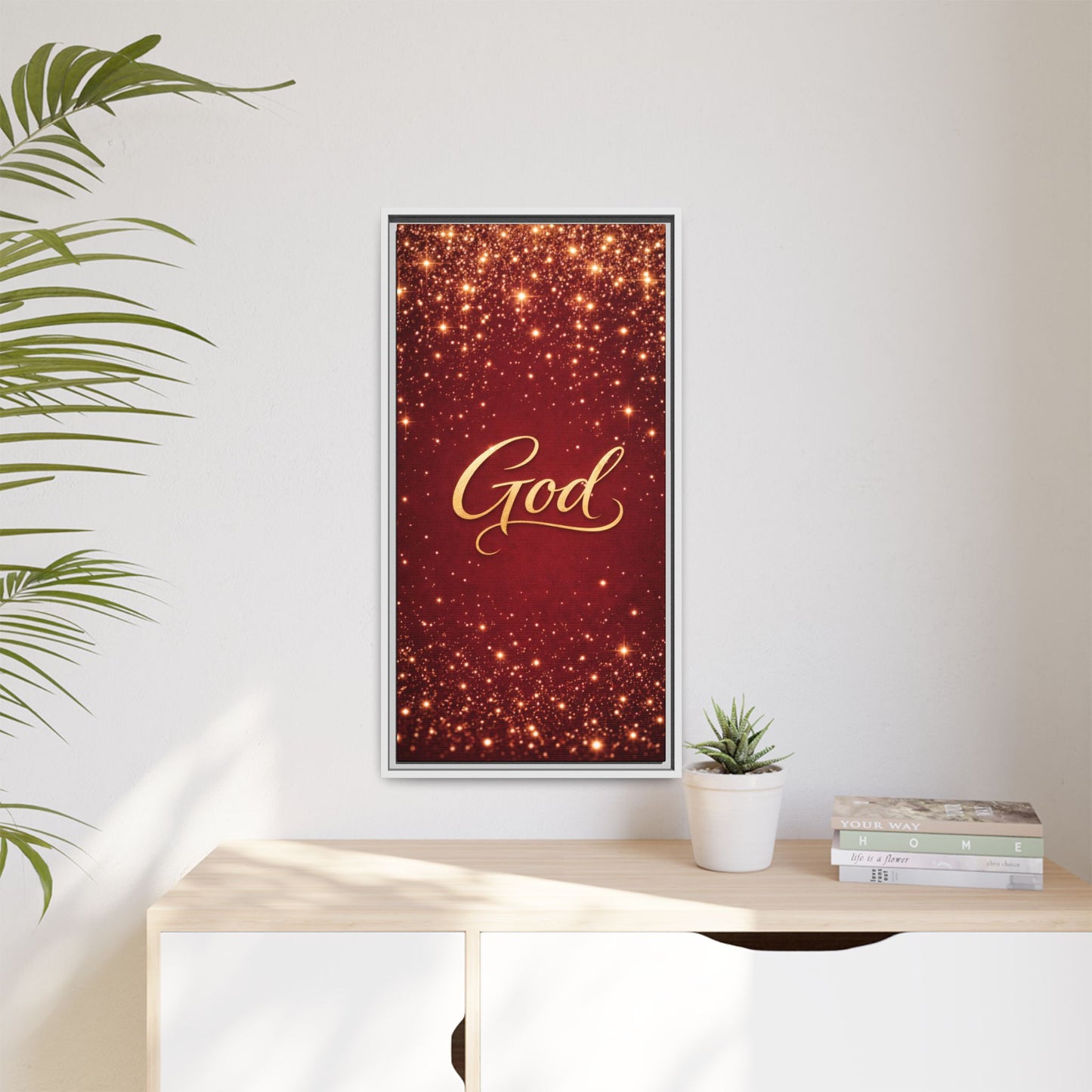 Framed Canvas Wall Art - "God" Gold Script on Red Sparkle Background