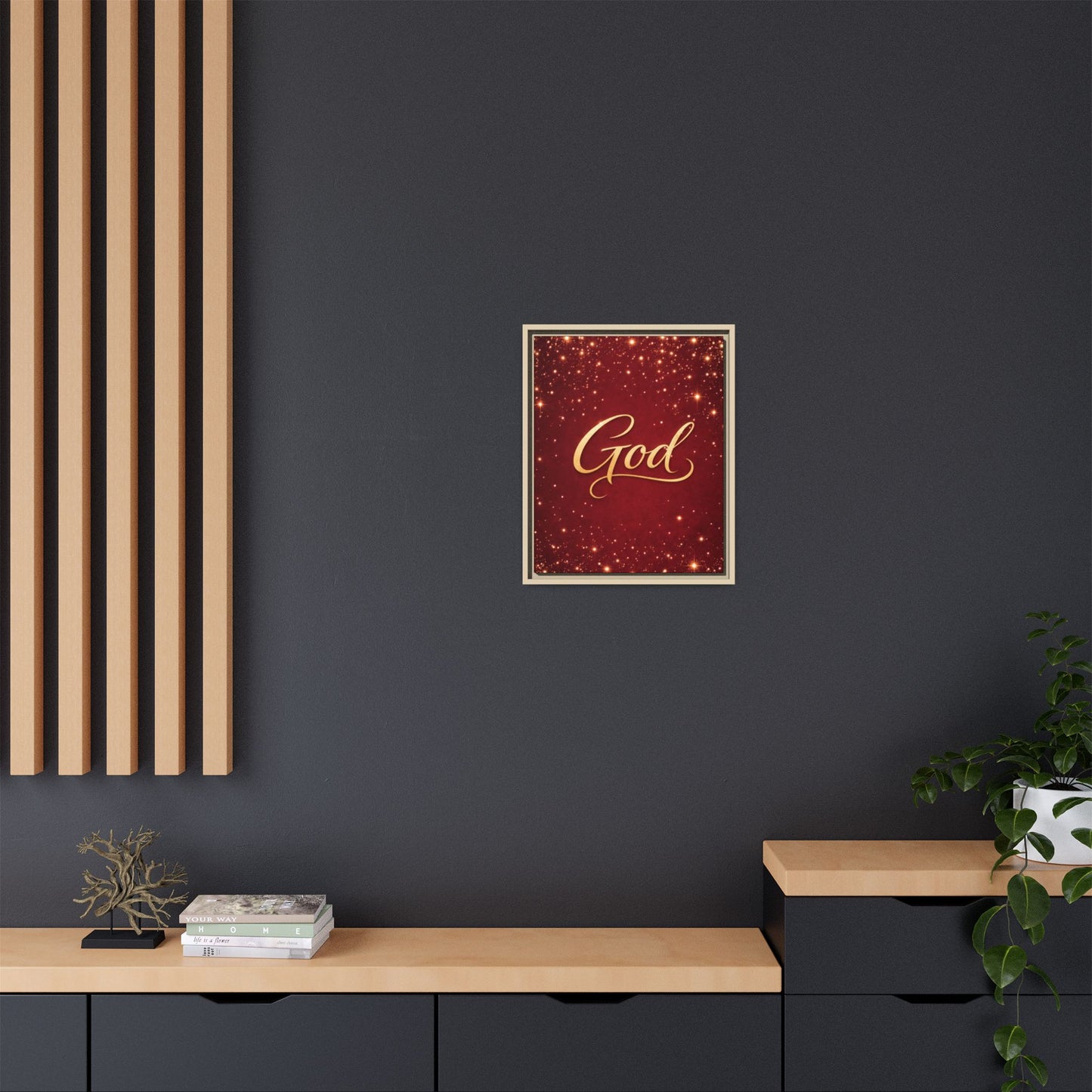 Framed Canvas Wall Art - "God" Gold Script on Red Sparkle Background