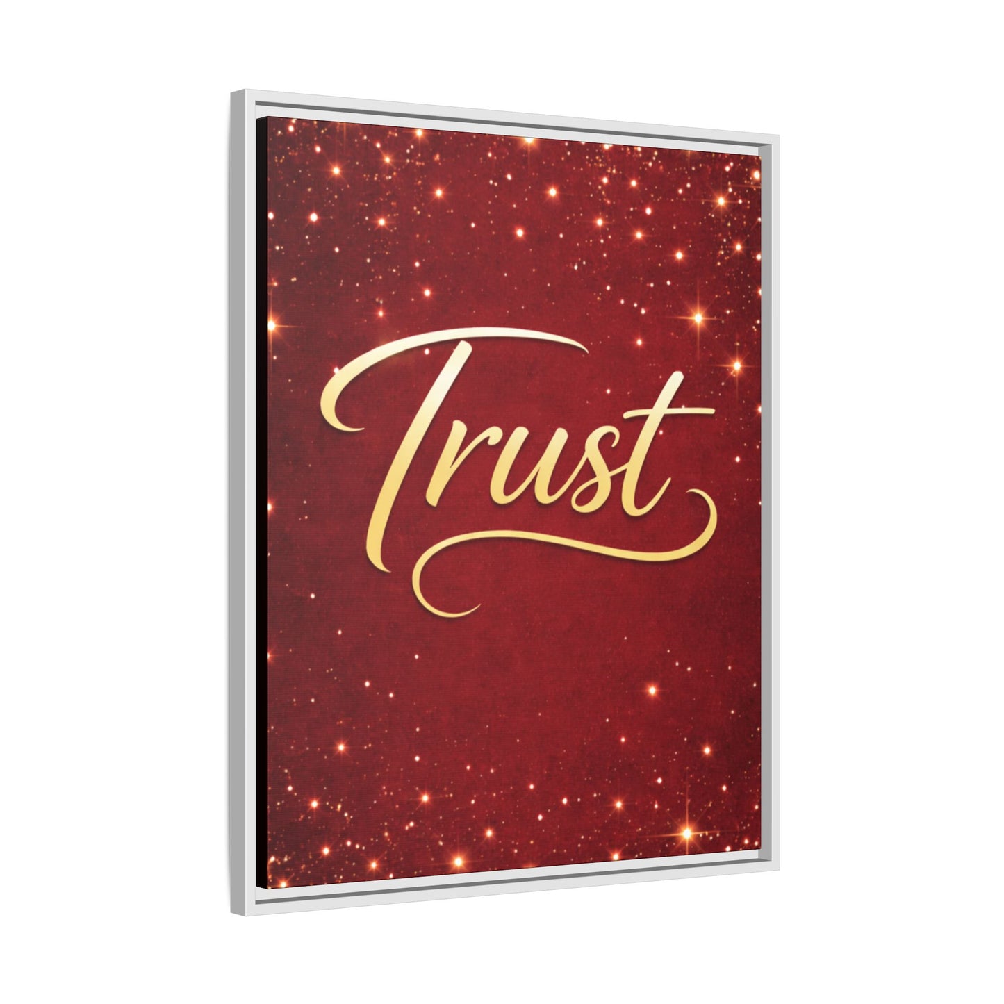 Trust Framed Canvas Wall Art — Gold Script on Sparkling Red Matte