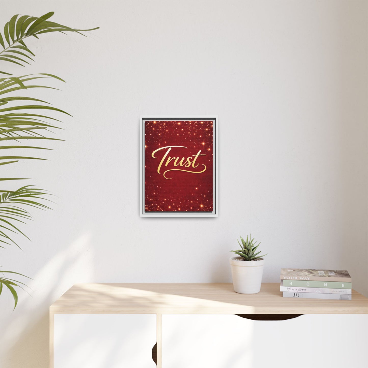 Trust Framed Canvas Wall Art — Gold Script on Sparkling Red Matte