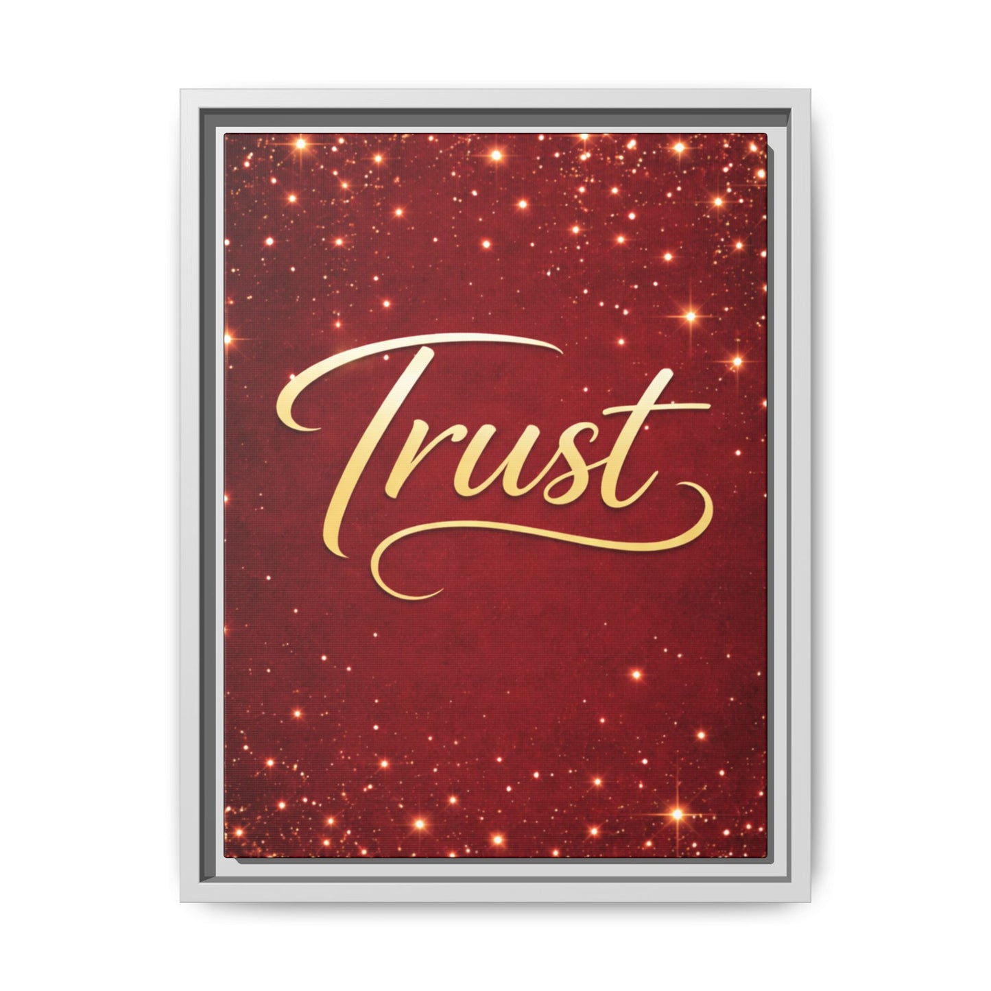 Trust Framed Canvas Wall Art — Gold Script on Sparkling Red Matte