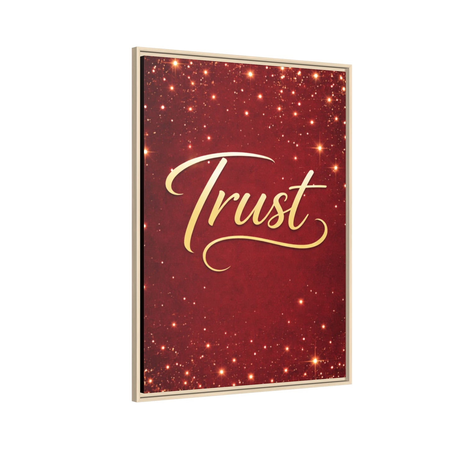 Trust Framed Canvas Wall Art — Gold Script on Sparkling Red Matte