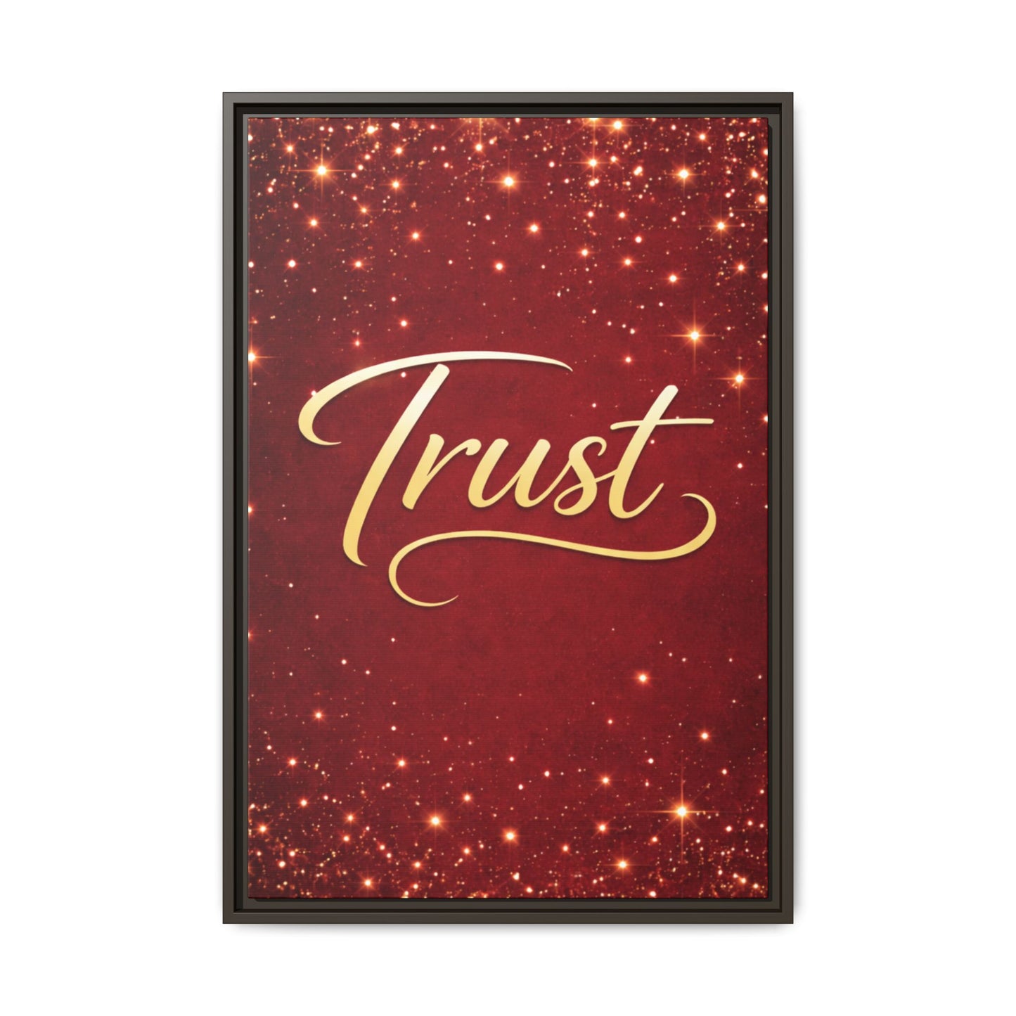Trust Framed Canvas Wall Art — Gold Script on Sparkling Red Matte