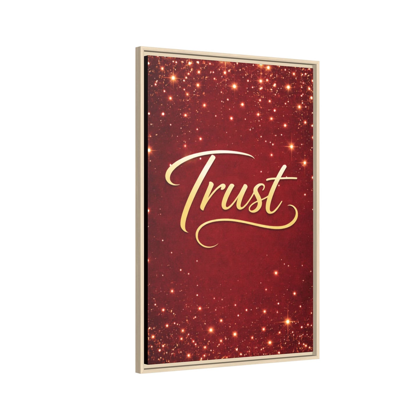Trust Framed Canvas Wall Art — Gold Script on Sparkling Red Matte