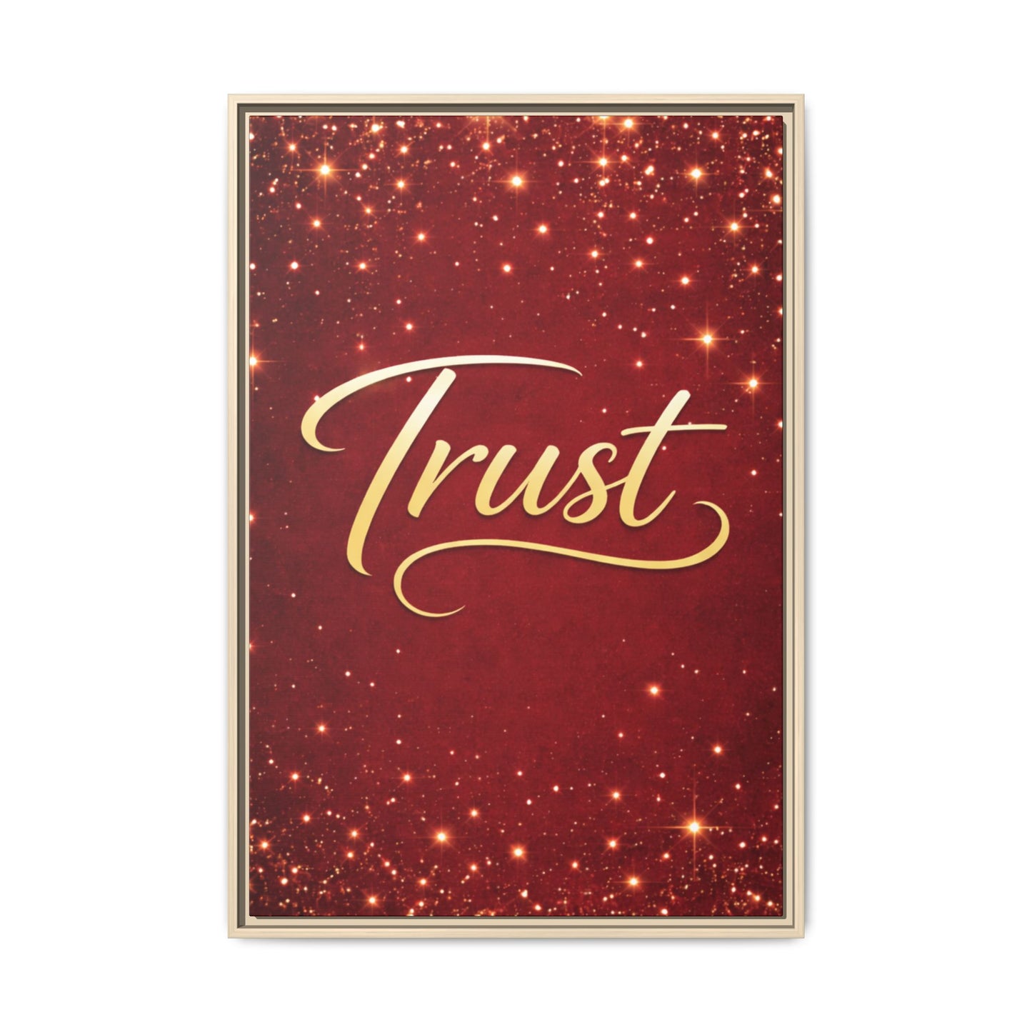 Trust Framed Canvas Wall Art — Gold Script on Sparkling Red Matte