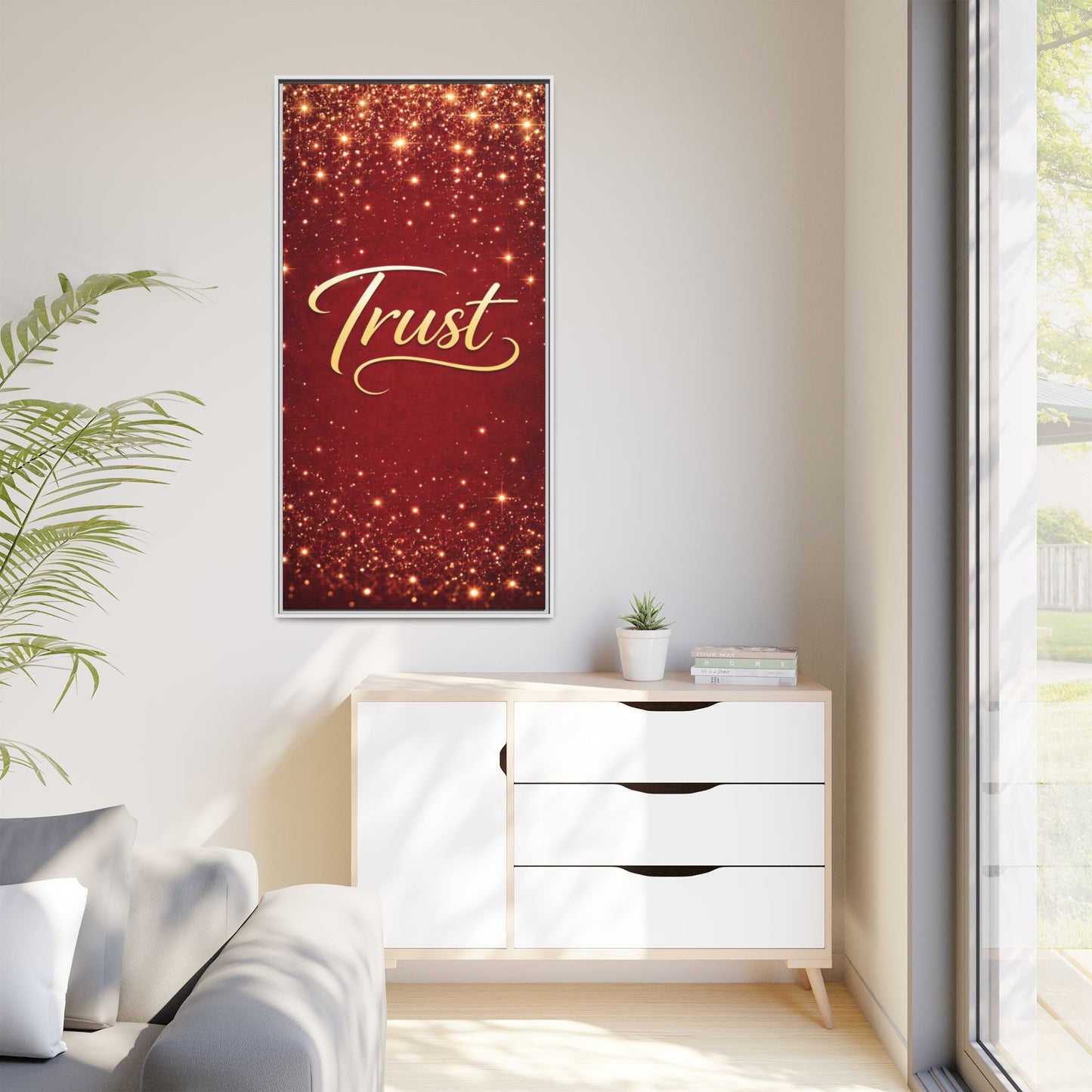 Trust Framed Canvas Wall Art — Gold Script on Sparkling Red Matte