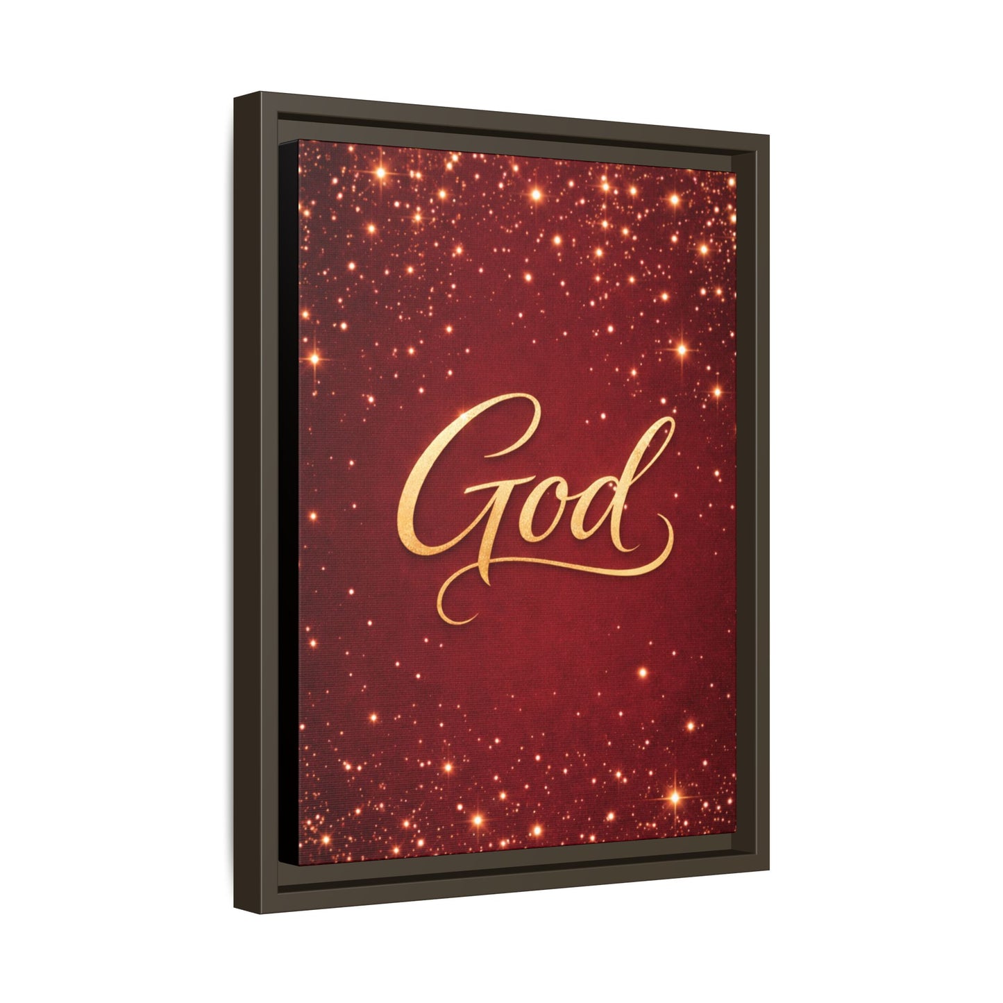 Framed Canvas Wall Art - "God" Gold Script on Red Sparkle Background