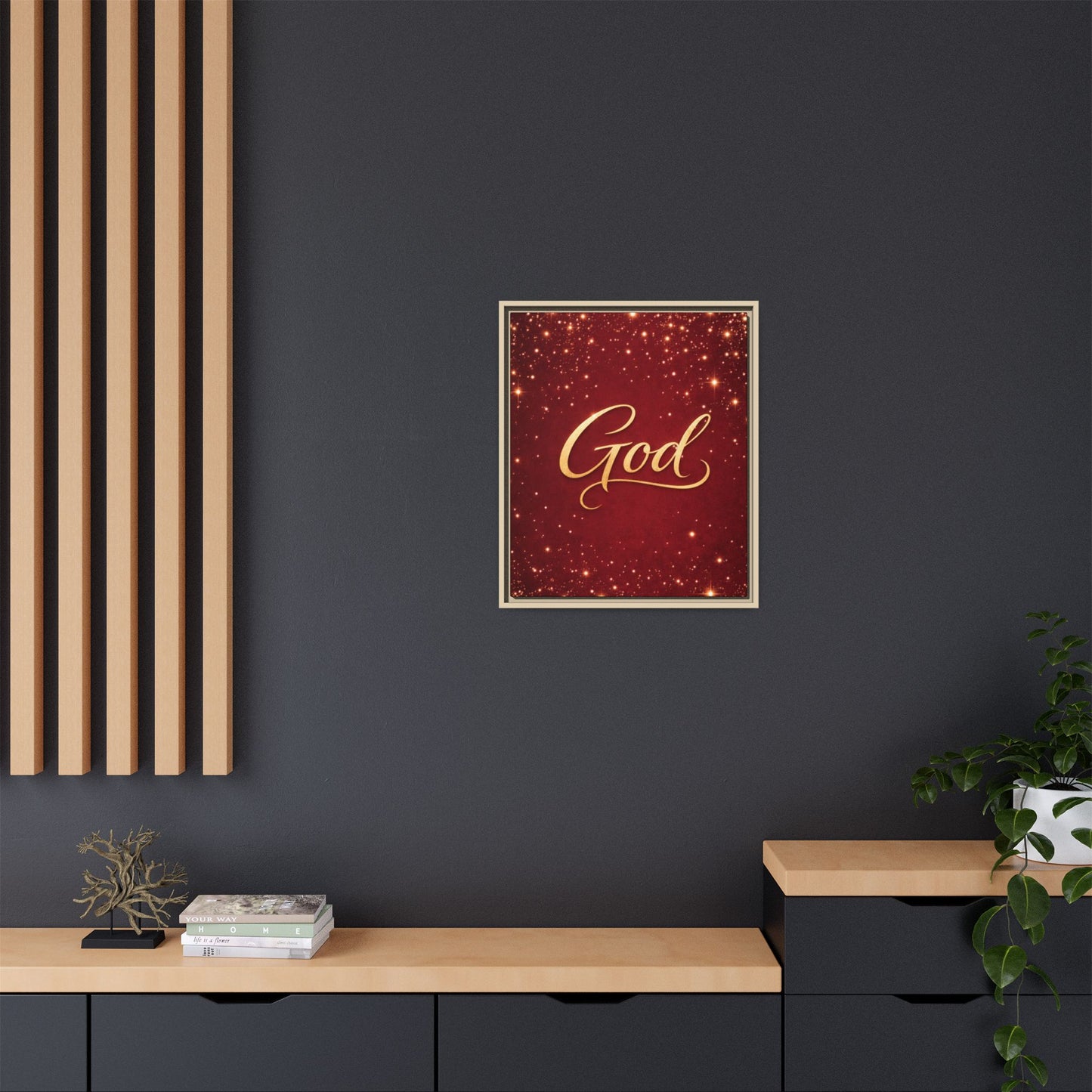 Framed Canvas Wall Art - "God" Gold Script on Red Sparkle Background