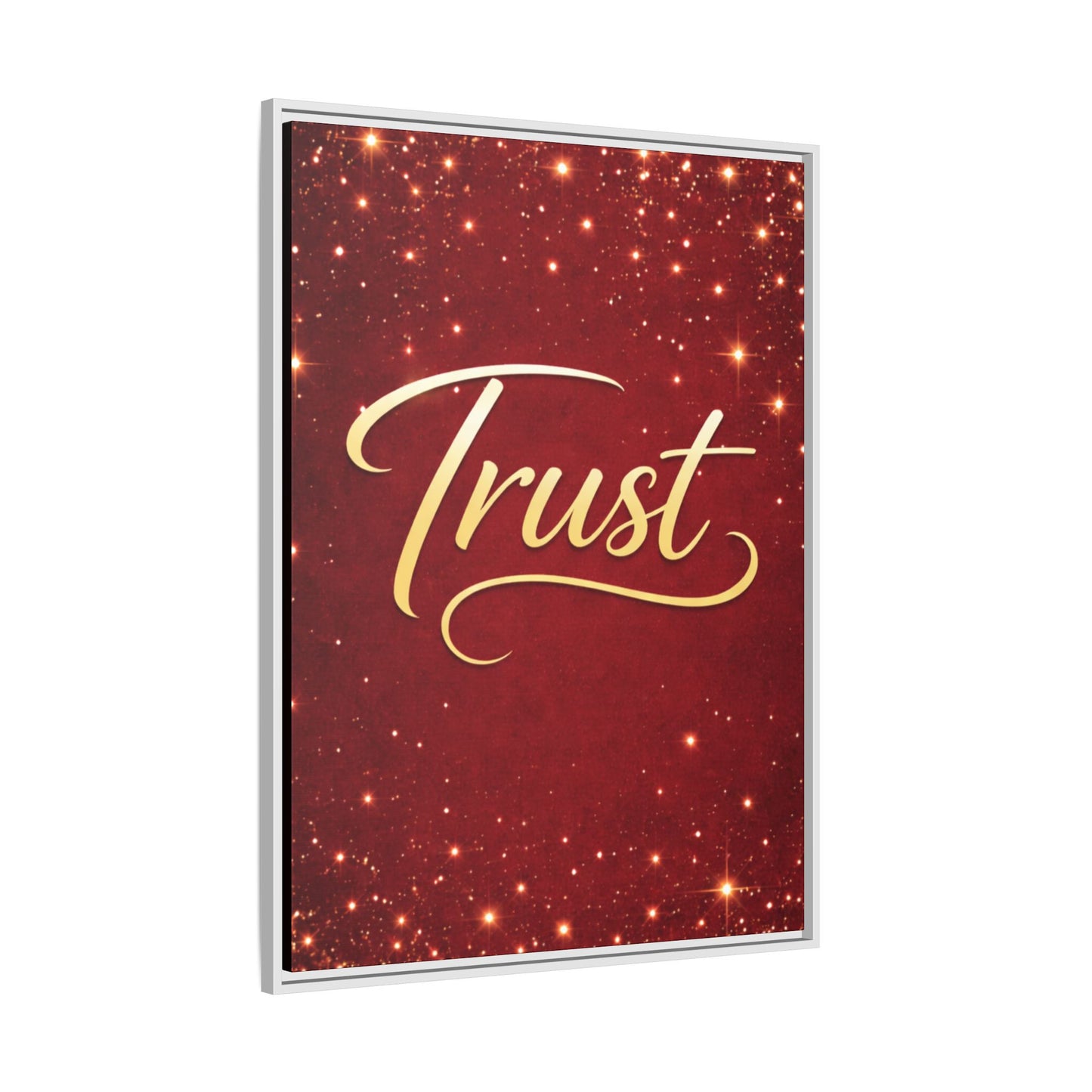 Trust Framed Canvas Wall Art — Gold Script on Sparkling Red Matte