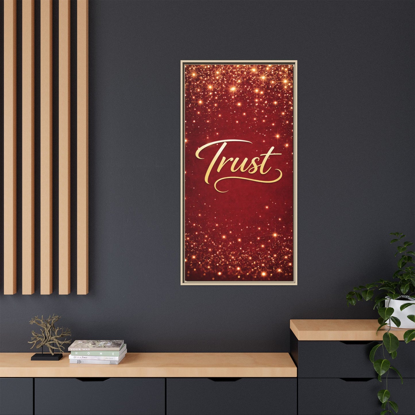 Trust Framed Canvas Wall Art — Gold Script on Sparkling Red Matte