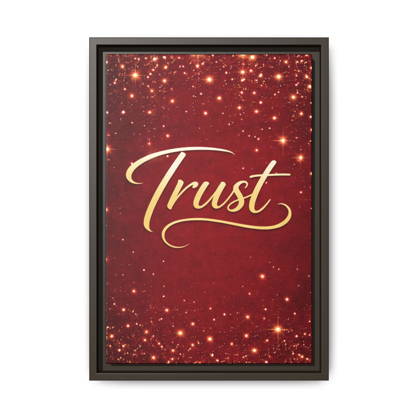 Trust Framed Canvas Wall Art — Gold Script on Sparkling Red Matte