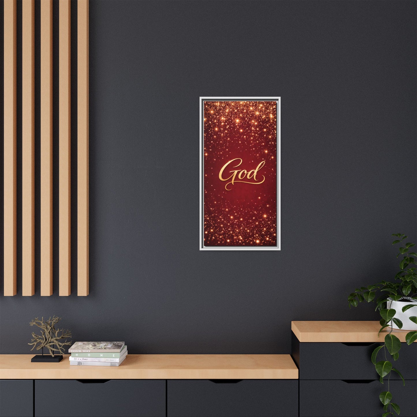 Framed Canvas Wall Art - "God" Gold Script on Red Sparkle Background