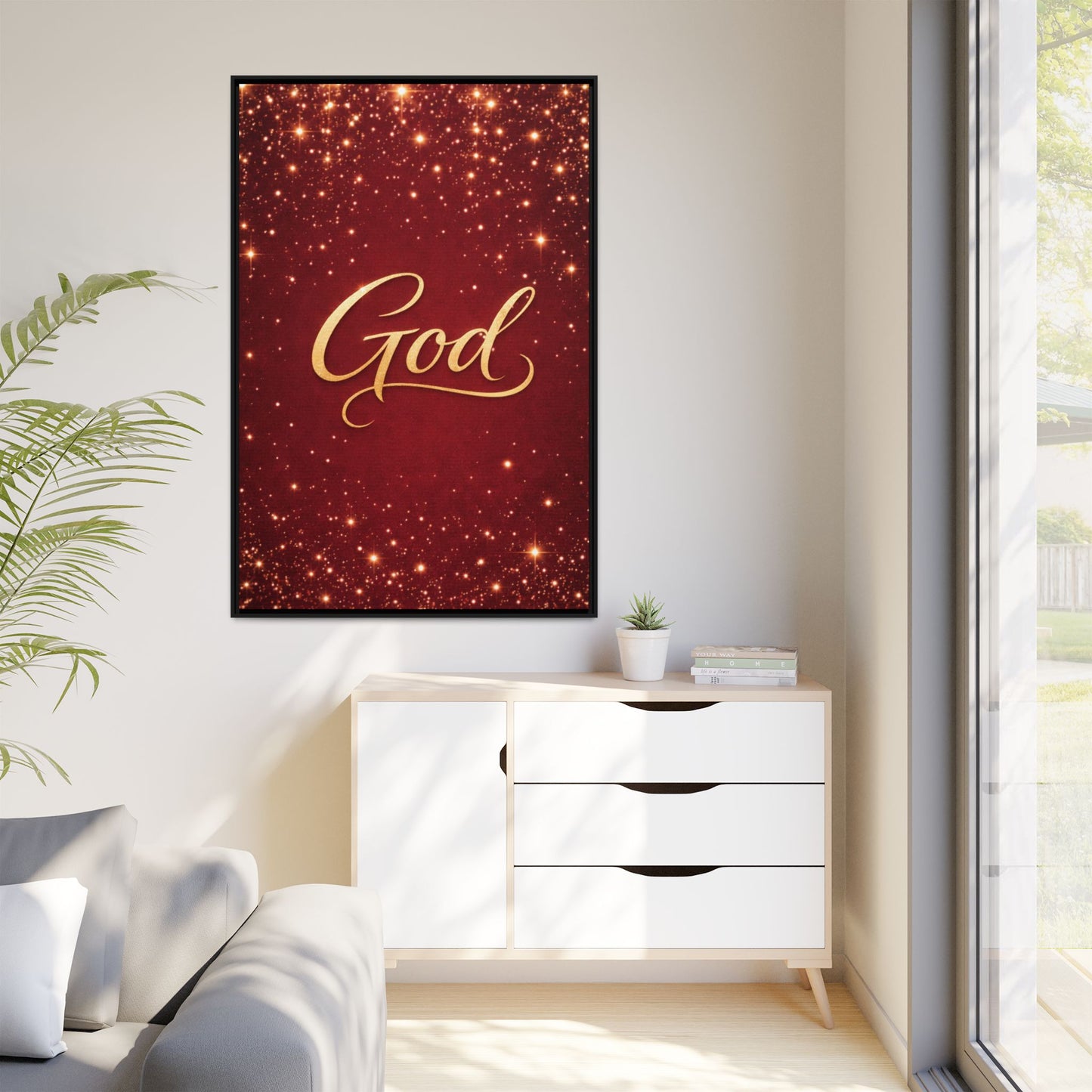 Framed Canvas Wall Art - "God" Gold Script on Red Sparkle Background