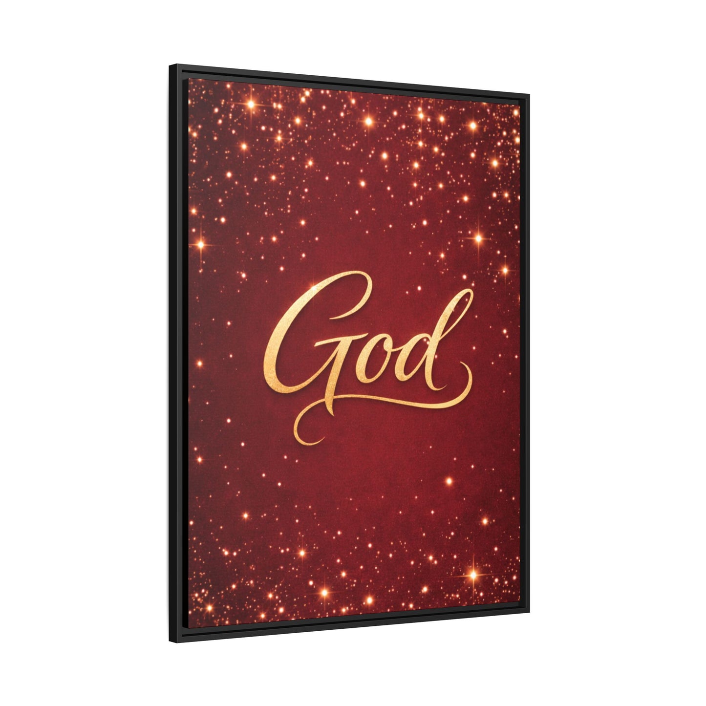 Framed Canvas Wall Art - "God" Gold Script on Red Sparkle Background