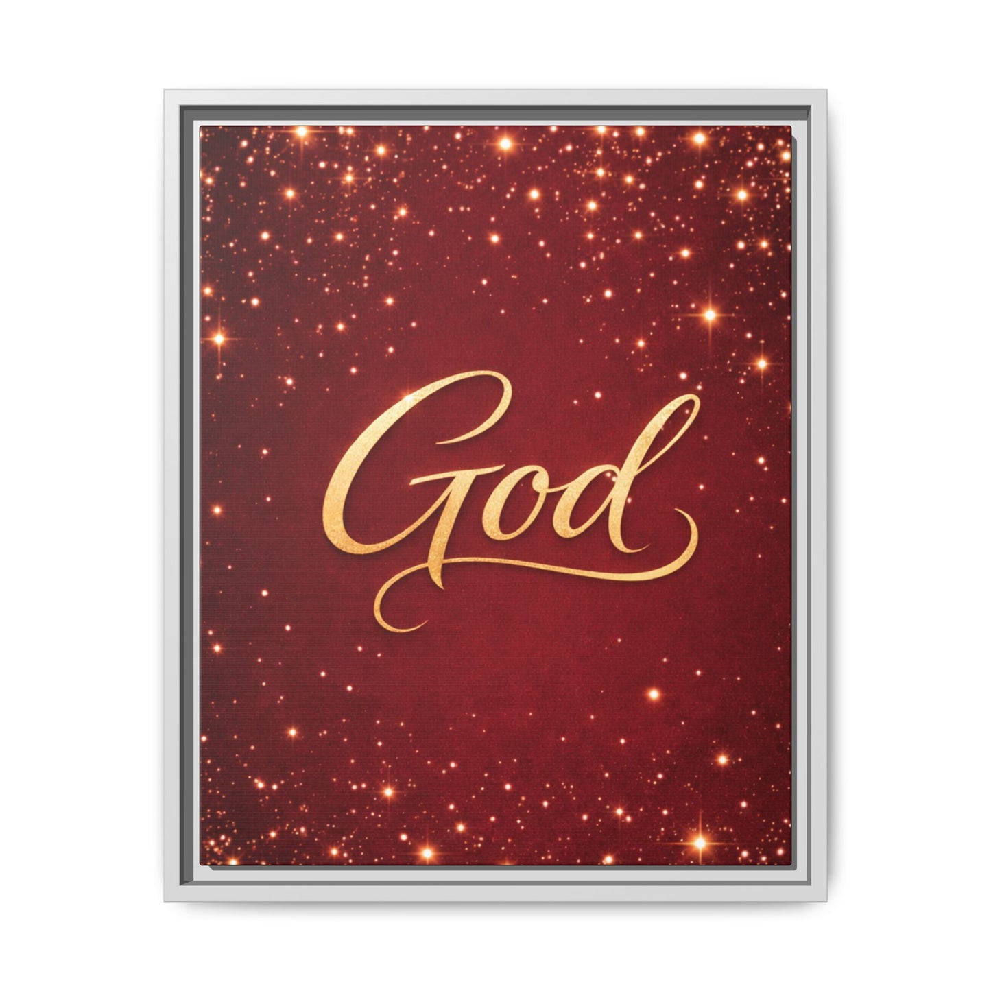 Framed Canvas Wall Art - "God" Gold Script on Red Sparkle Background