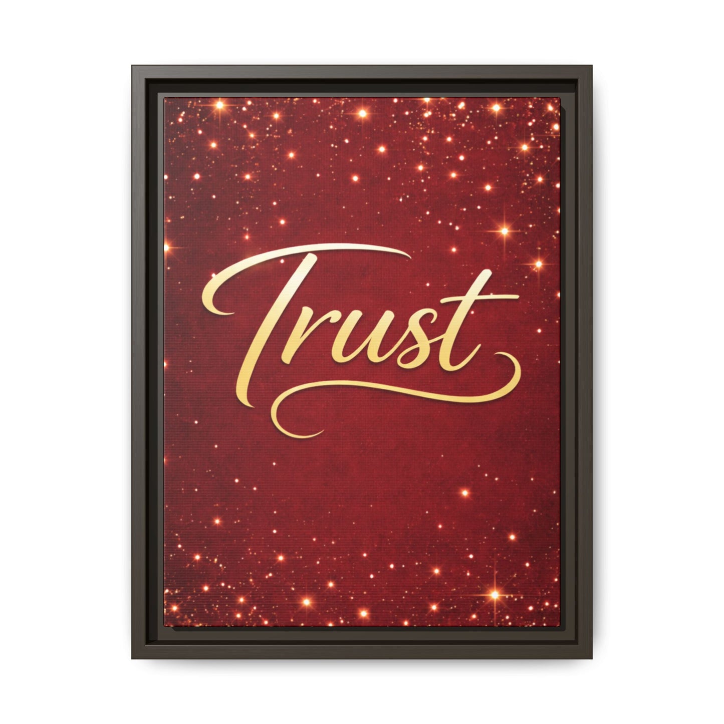Trust Framed Canvas Wall Art — Gold Script on Sparkling Red Matte