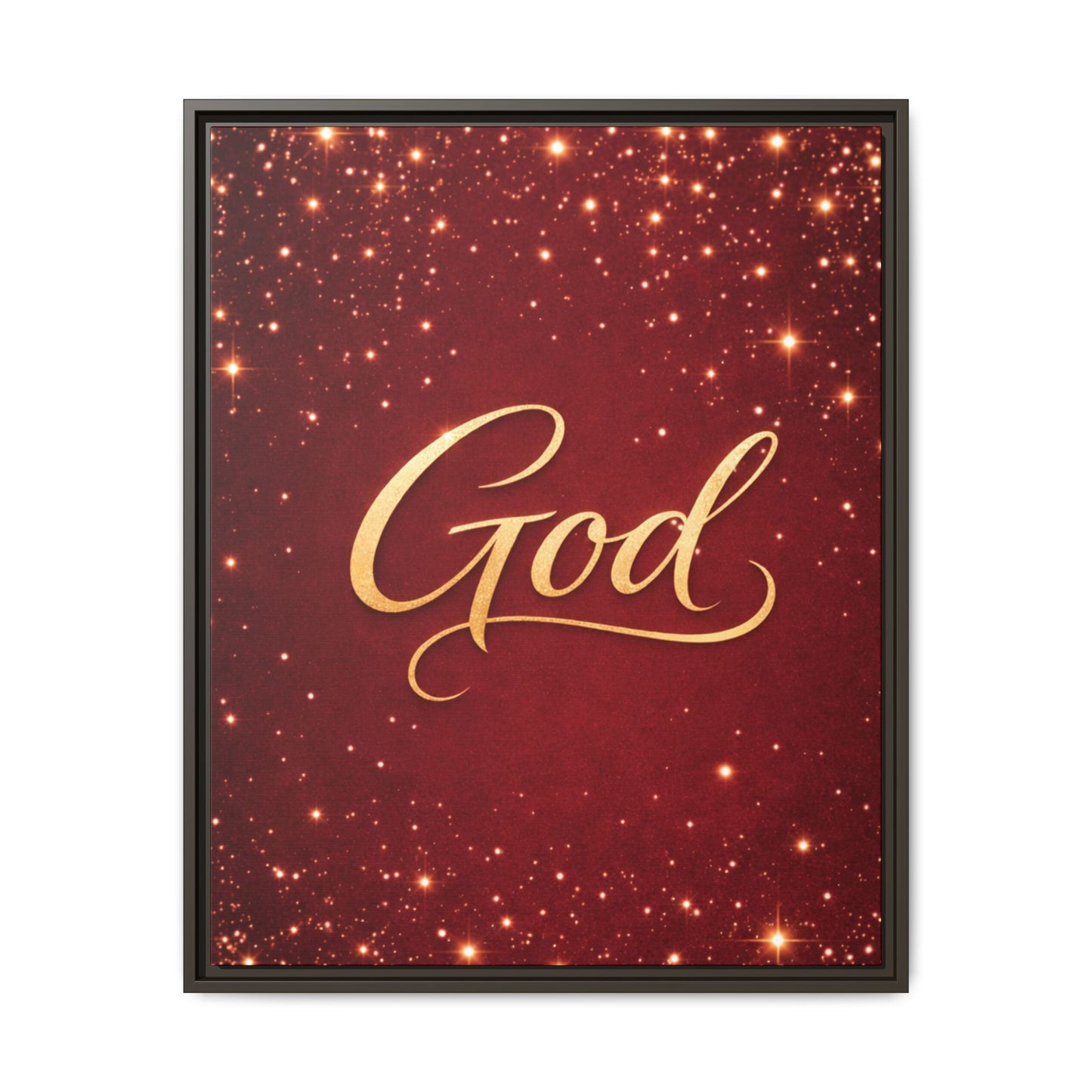 Framed Canvas Wall Art - "God" Gold Script on Red Sparkle Background