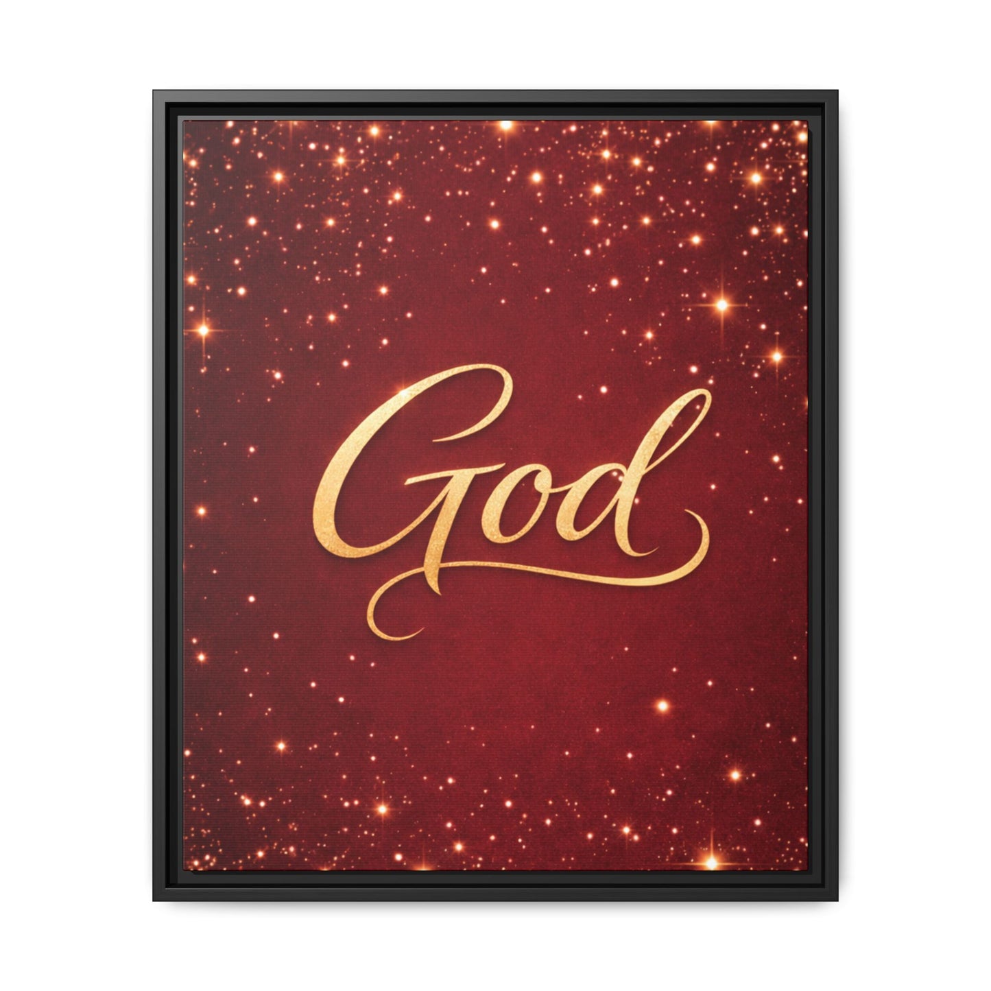 Framed Canvas Wall Art - "God" Gold Script on Red Sparkle Background
