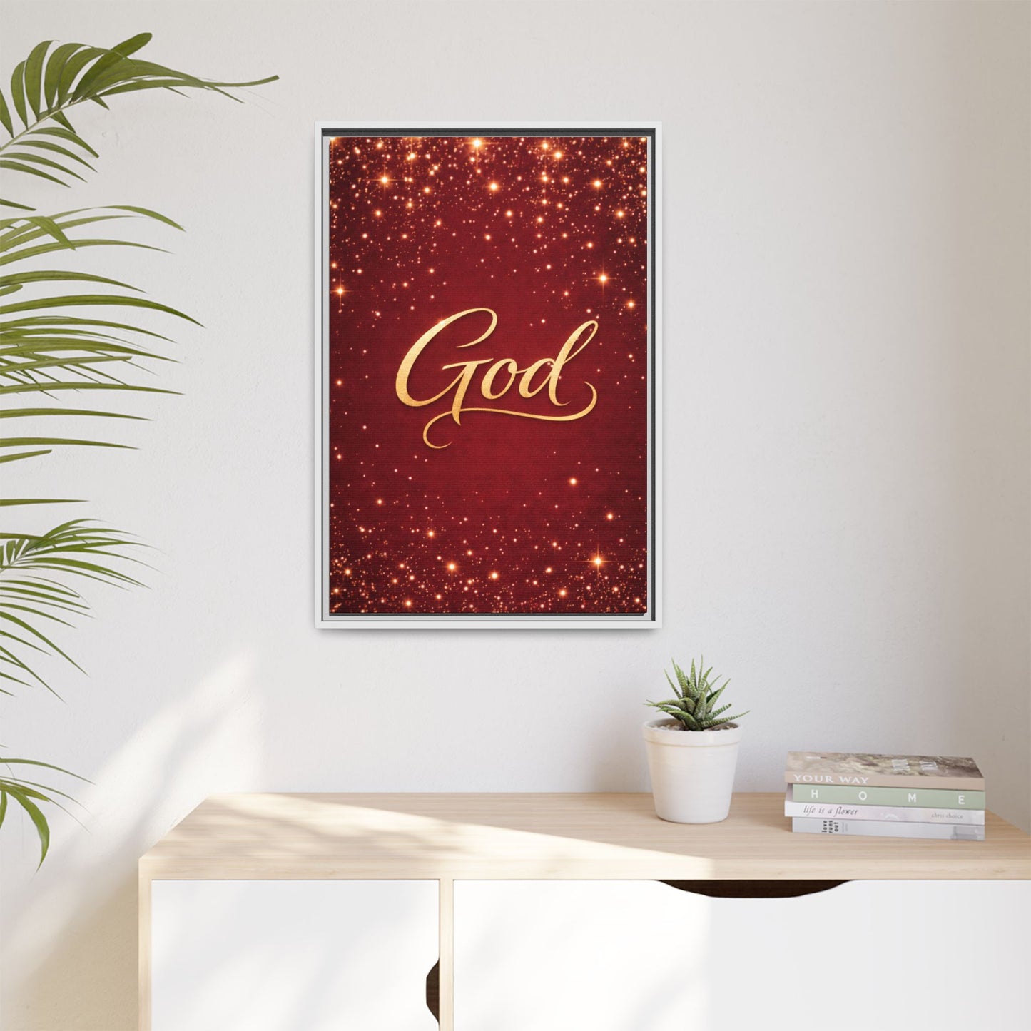 Framed Canvas Wall Art - "God" Gold Script on Red Sparkle Background