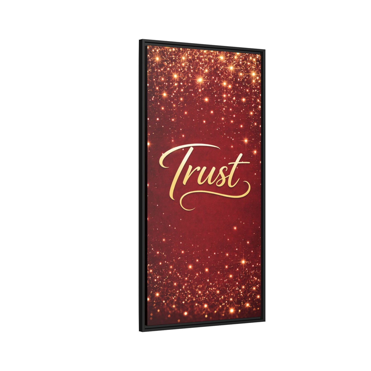 Trust Framed Canvas Wall Art — Gold Script on Sparkling Red Matte