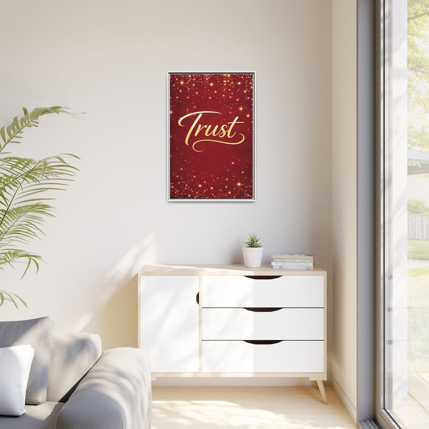 Trust Framed Canvas Wall Art — Gold Script on Sparkling Red Matte