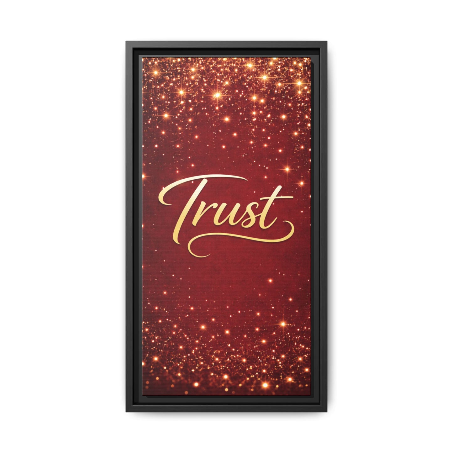 Trust Framed Canvas Wall Art — Gold Script on Sparkling Red Matte