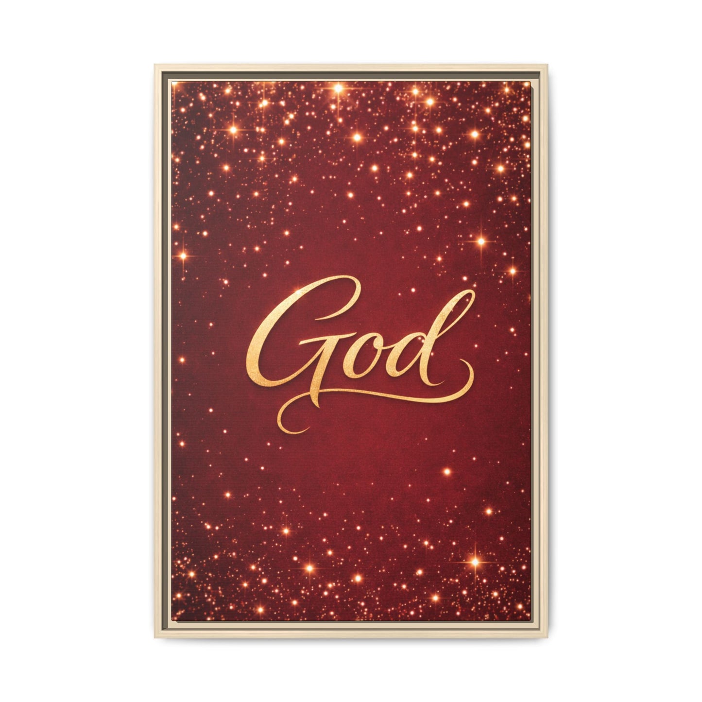 Framed Canvas Wall Art - "God" Gold Script on Red Sparkle Background