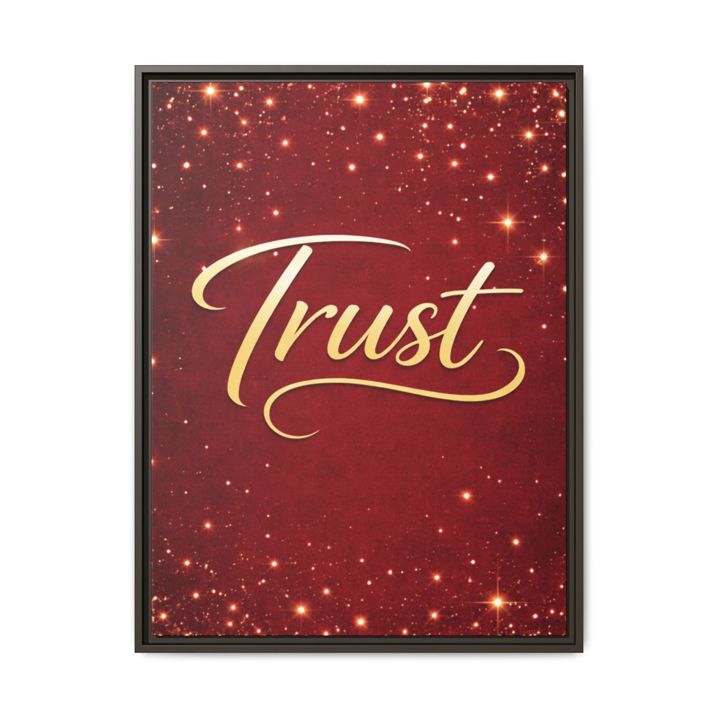 Trust Framed Canvas Wall Art — Gold Script on Sparkling Red Matte