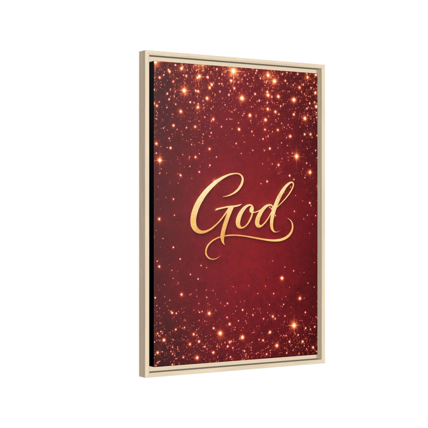 Framed Canvas Wall Art - "God" Gold Script on Red Sparkle Background