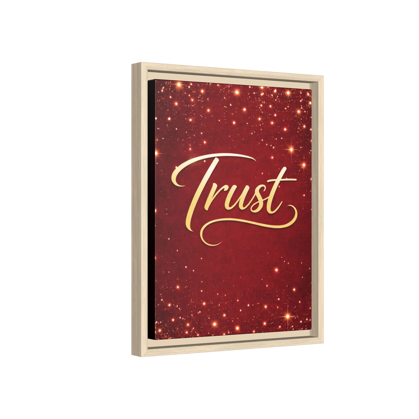 Trust Framed Canvas Wall Art — Gold Script on Sparkling Red Matte