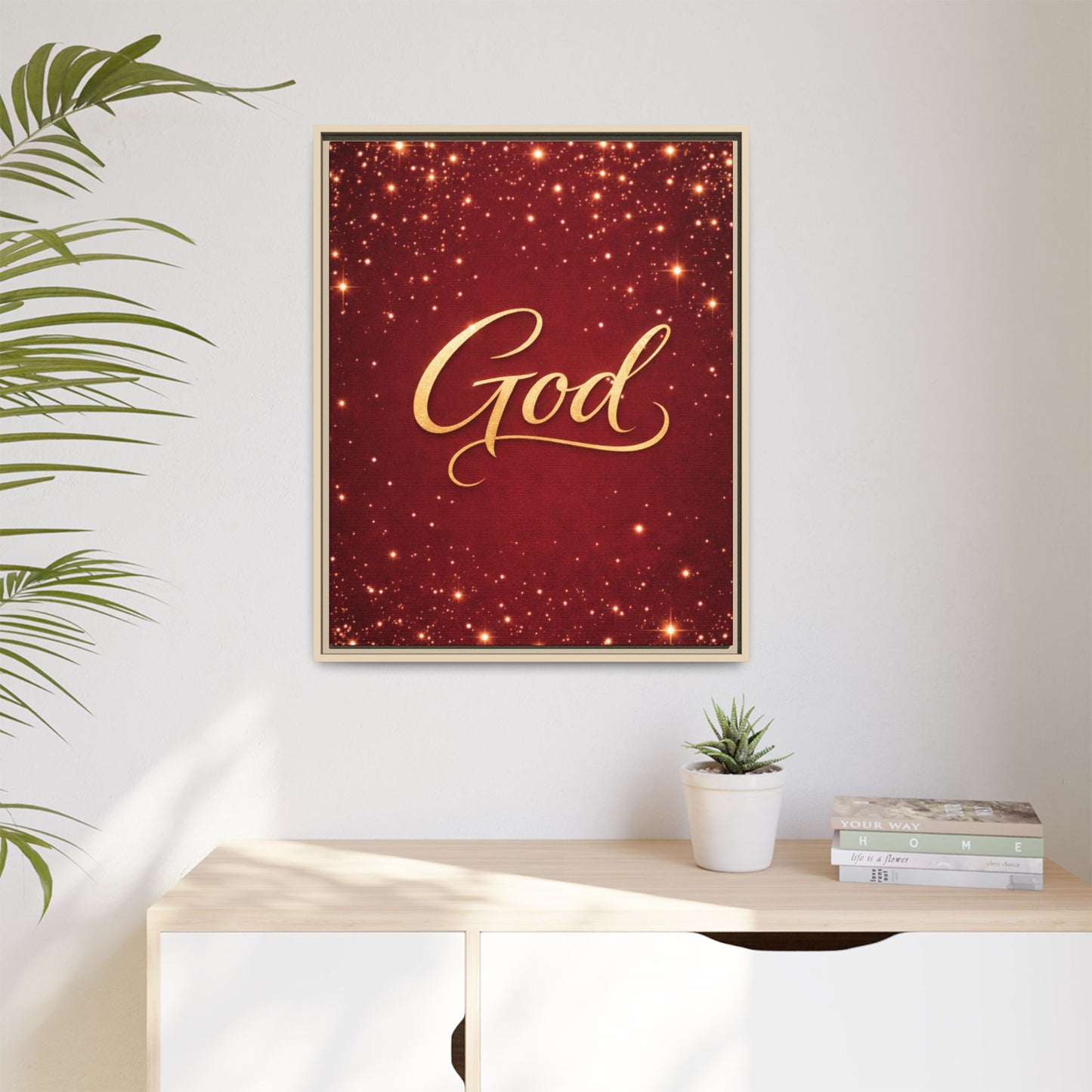 Framed Canvas Wall Art - "God" Gold Script on Red Sparkle Background