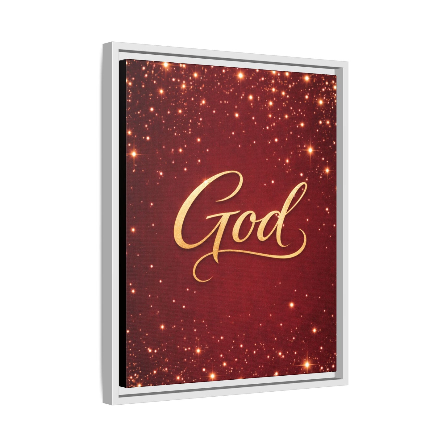 Framed Canvas Wall Art - "God" Gold Script on Red Sparkle Background