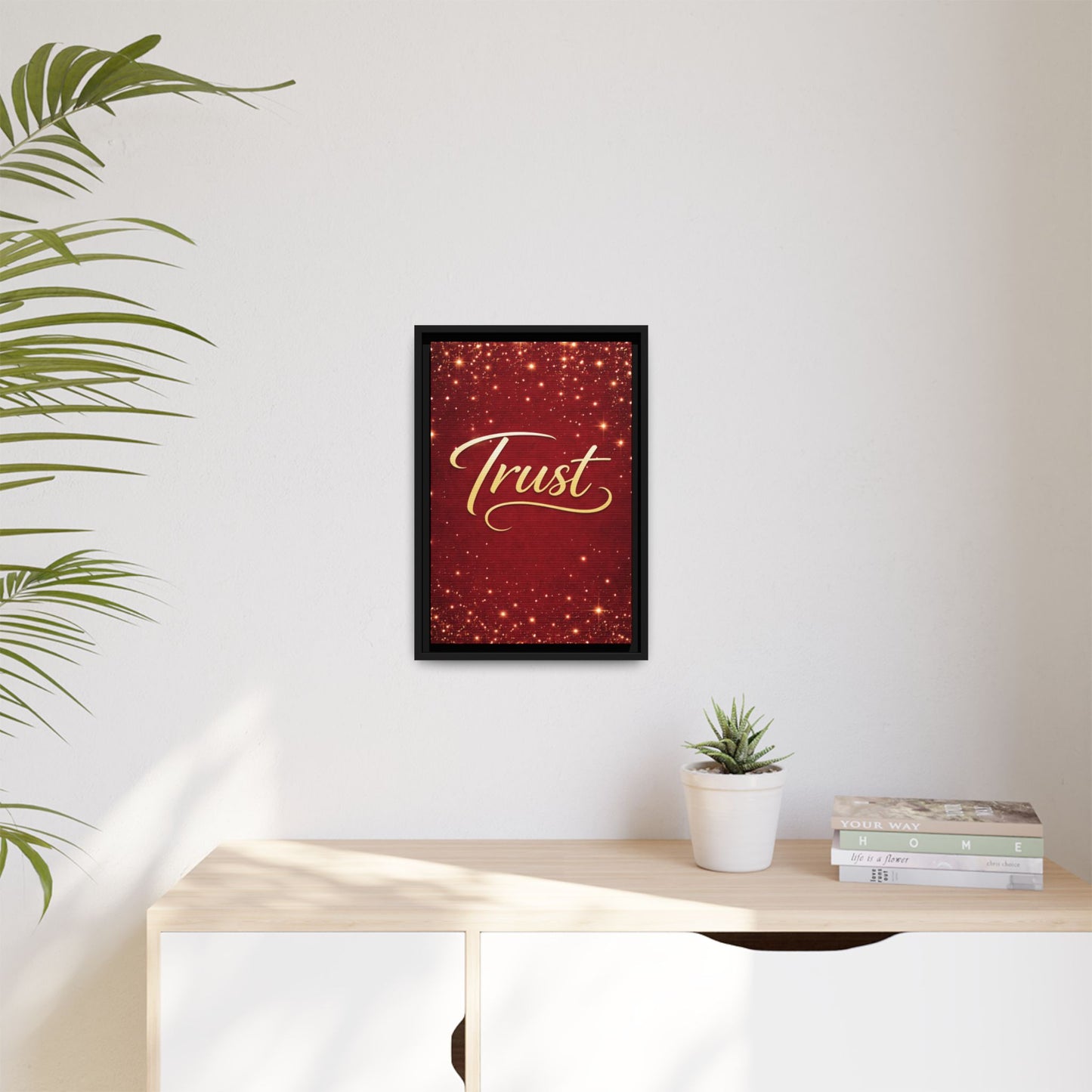 Trust Framed Canvas Wall Art — Gold Script on Sparkling Red Matte