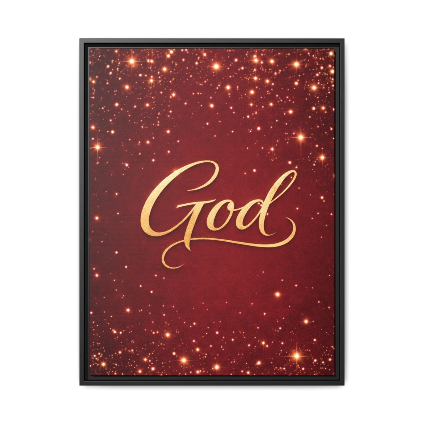 Framed Canvas Wall Art - "God" Gold Script on Red Sparkle Background