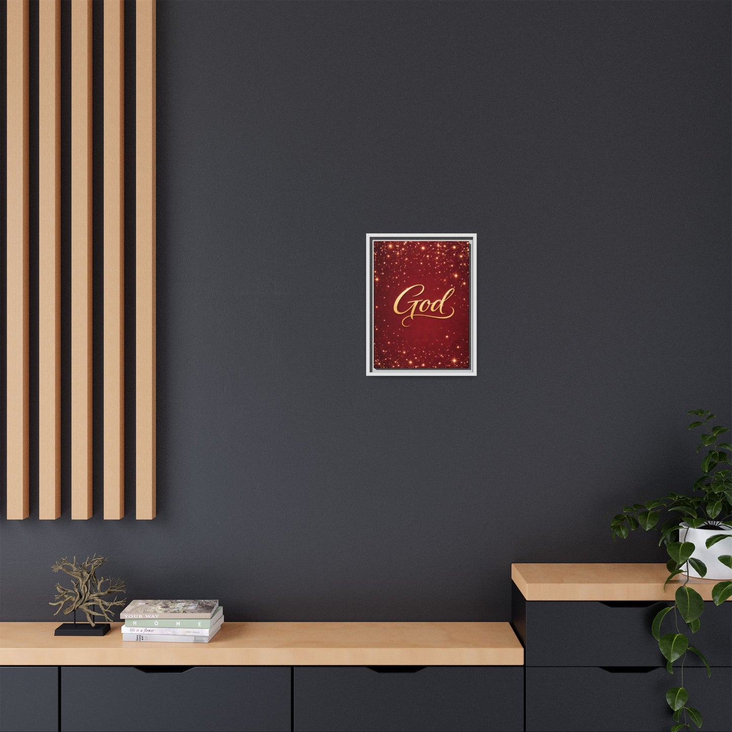 Framed Canvas Wall Art - "God" Gold Script on Red Sparkle Background