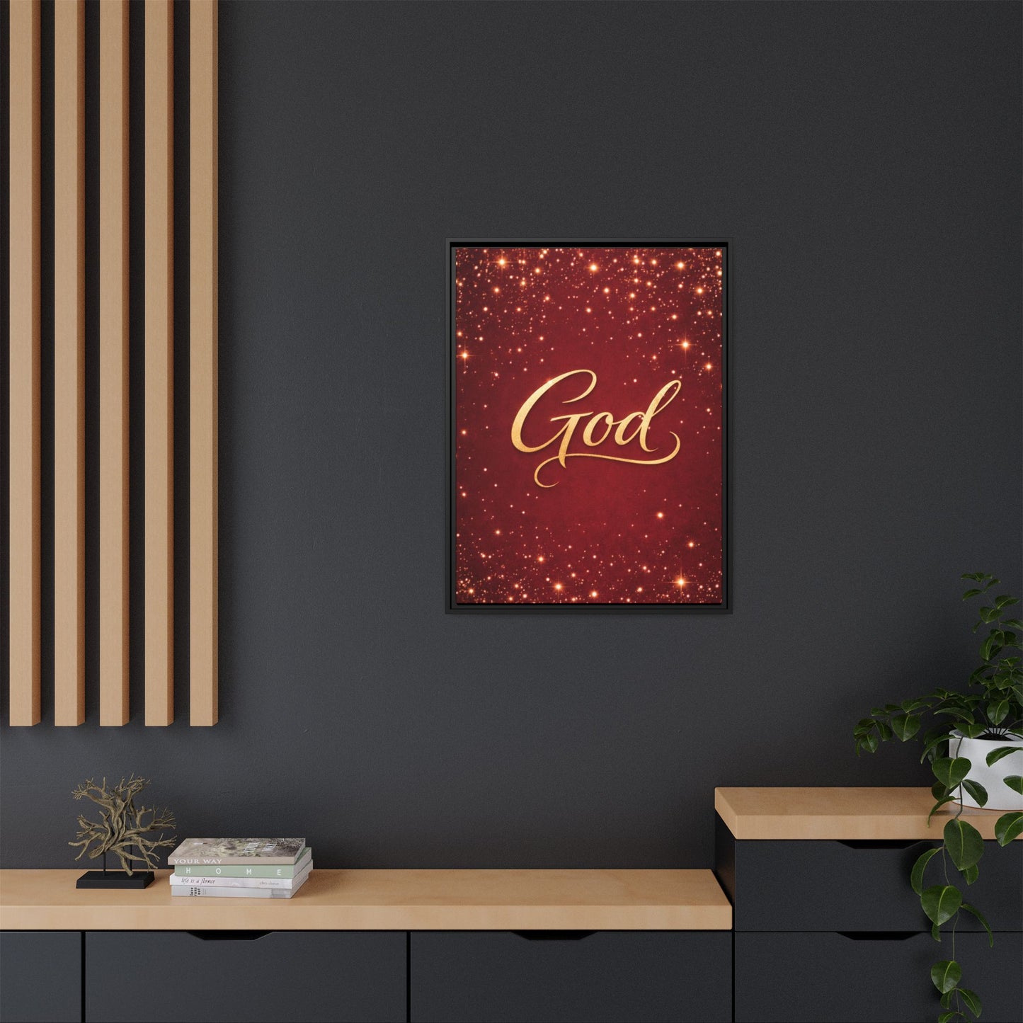 Framed Canvas Wall Art - "God" Gold Script on Red Sparkle Background