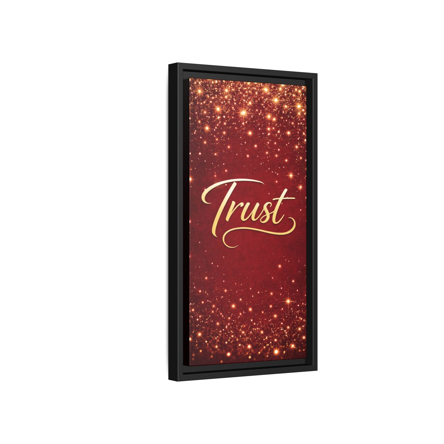Trust Framed Canvas Wall Art — Gold Script on Sparkling Red Matte