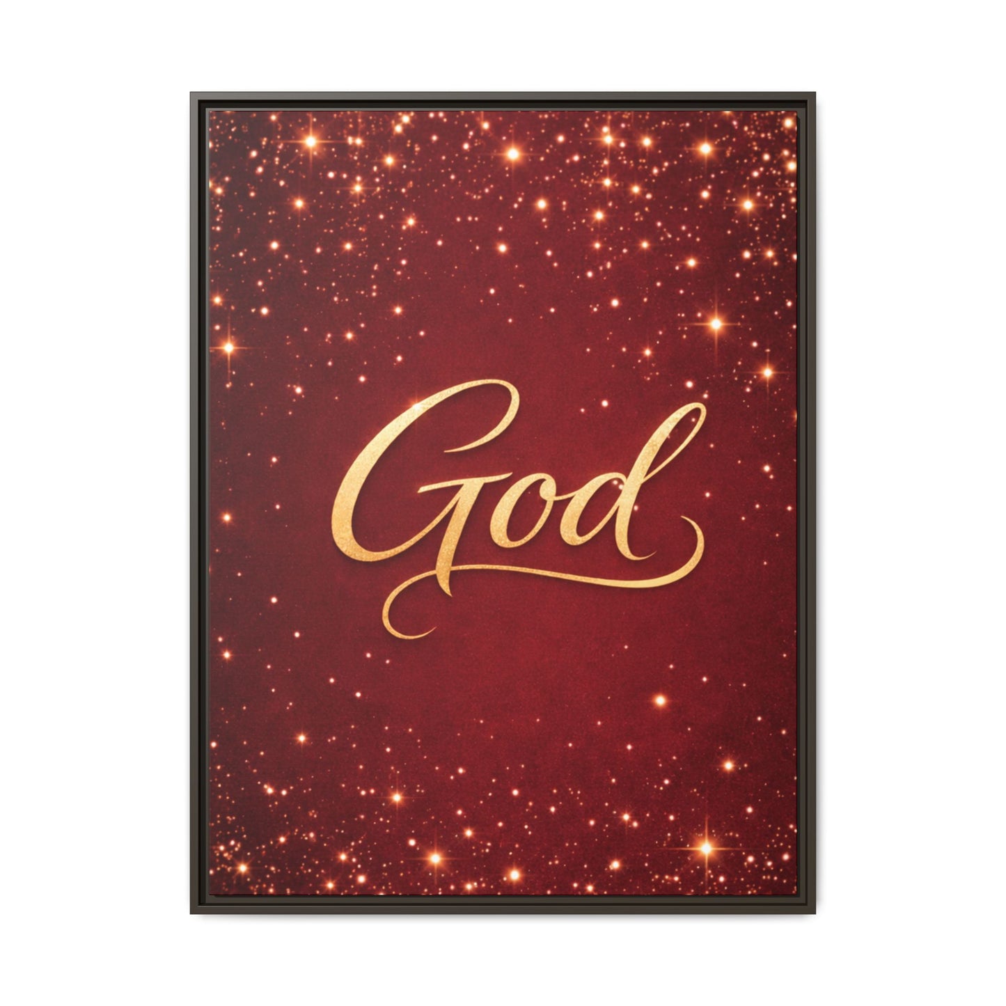 Framed Canvas Wall Art - "God" Gold Script on Red Sparkle Background