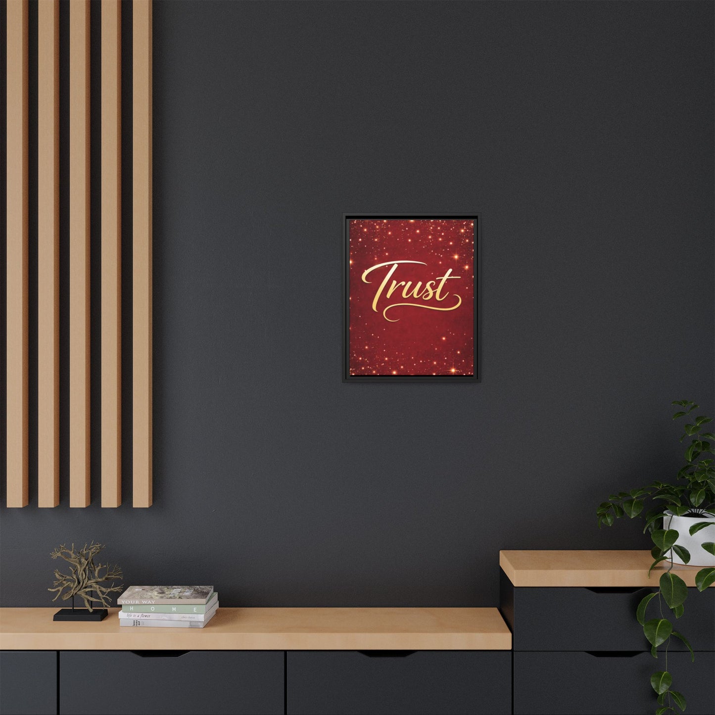 Trust Framed Canvas Wall Art — Gold Script on Sparkling Red Matte