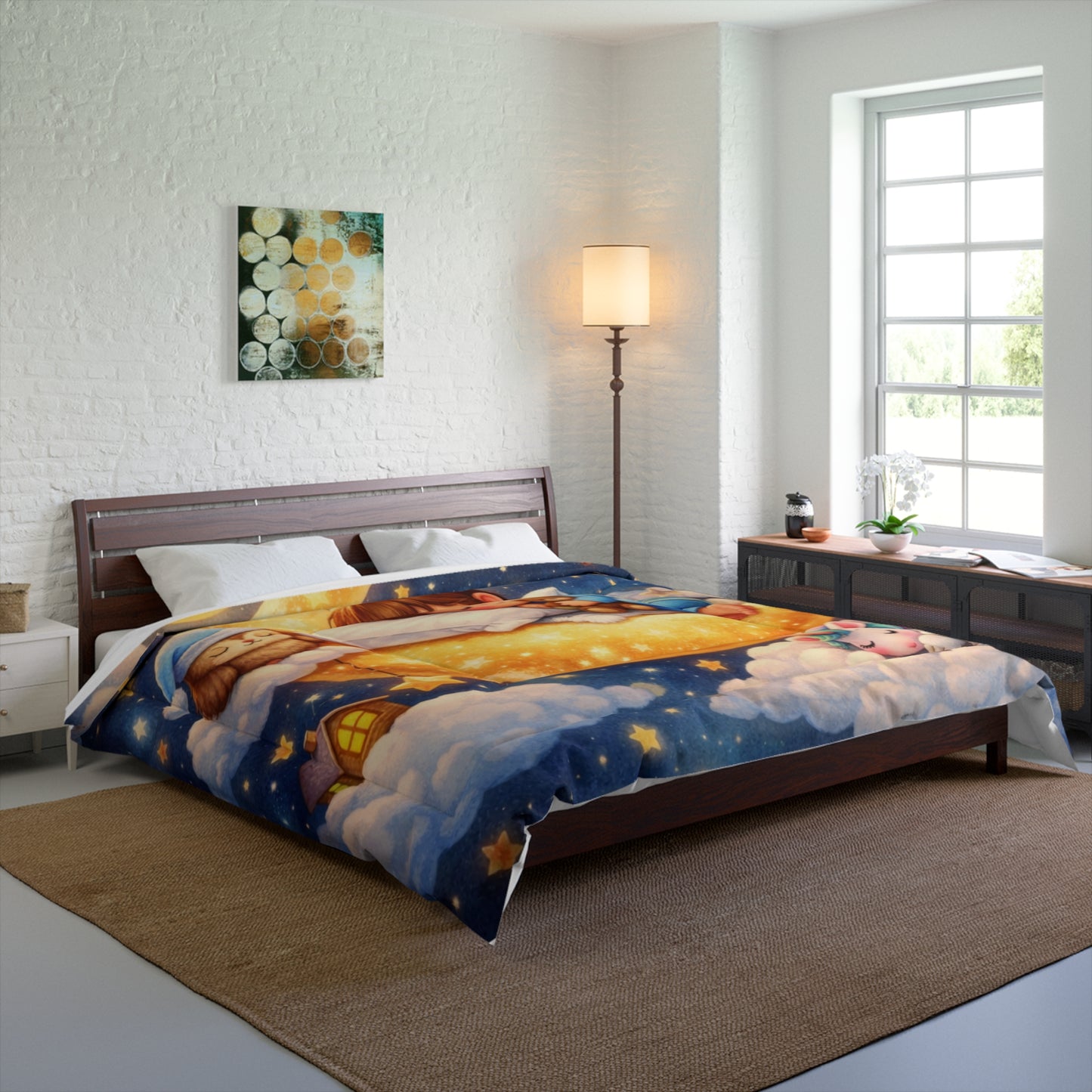 Sleeping Child on Moon comforter | Cute Nursery Starry Night Bedding