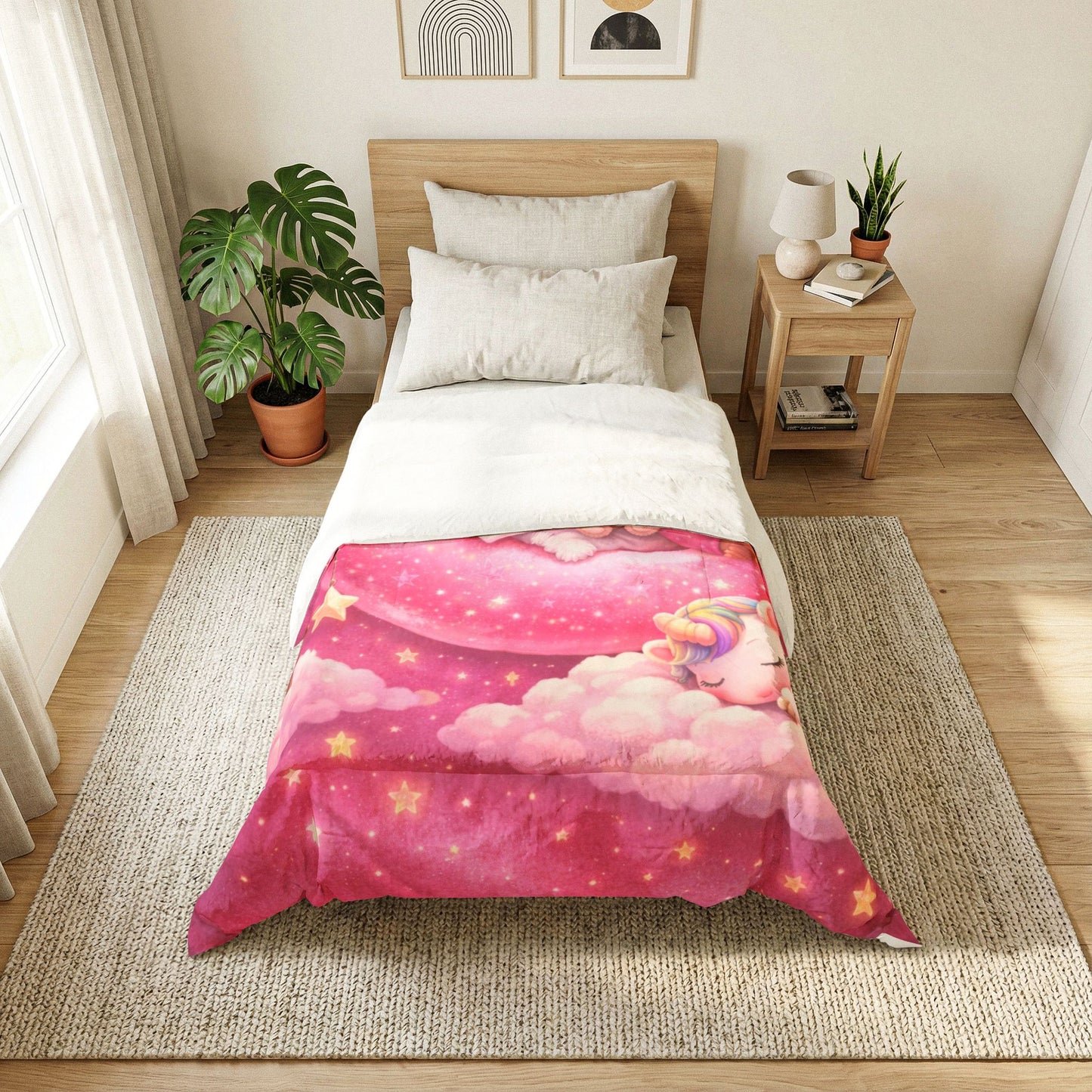Sleeping Girl on Moon comforter | Pink Unicorn Cloud Nursery blanket