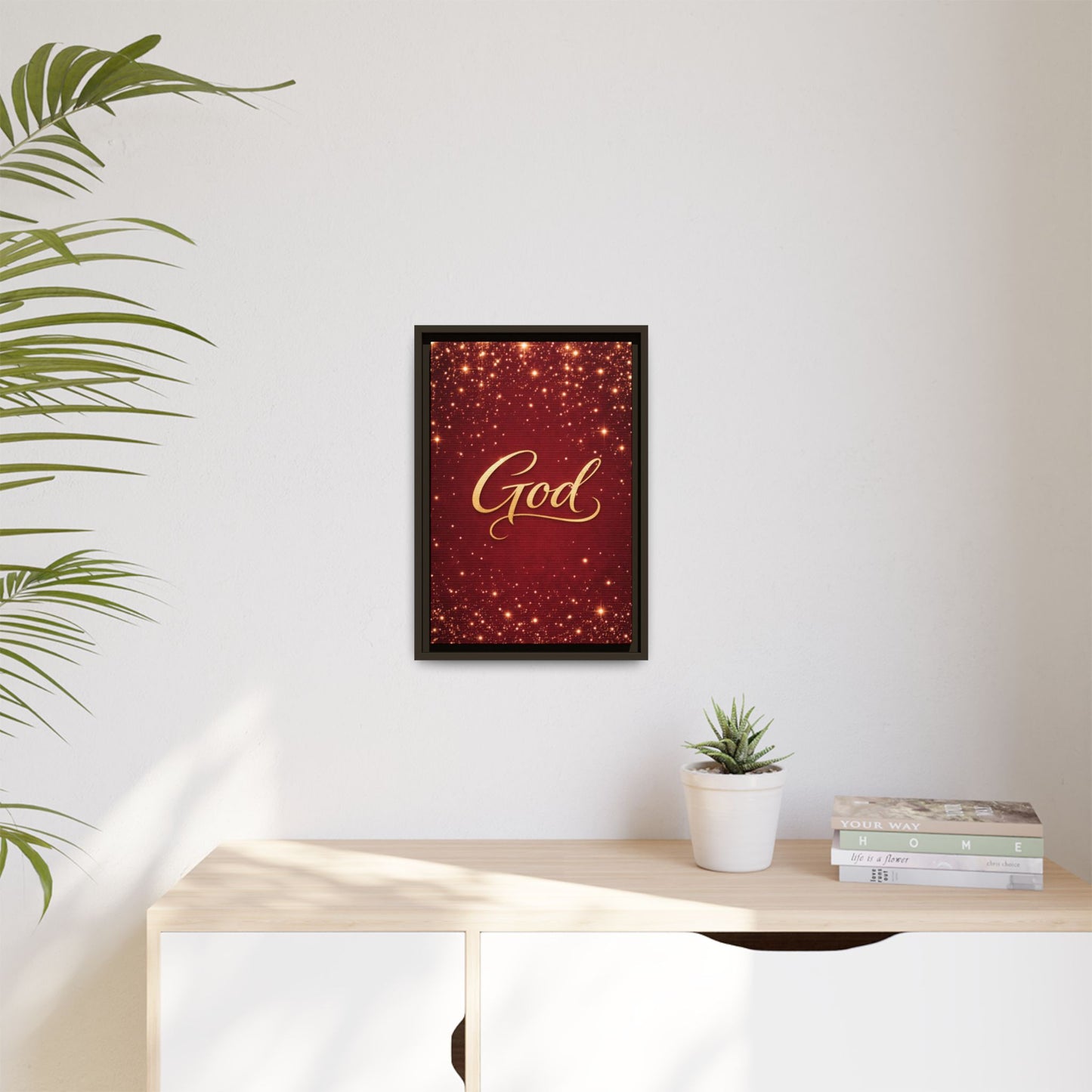 Framed Canvas Wall Art - "God" Gold Script on Red Sparkle Background